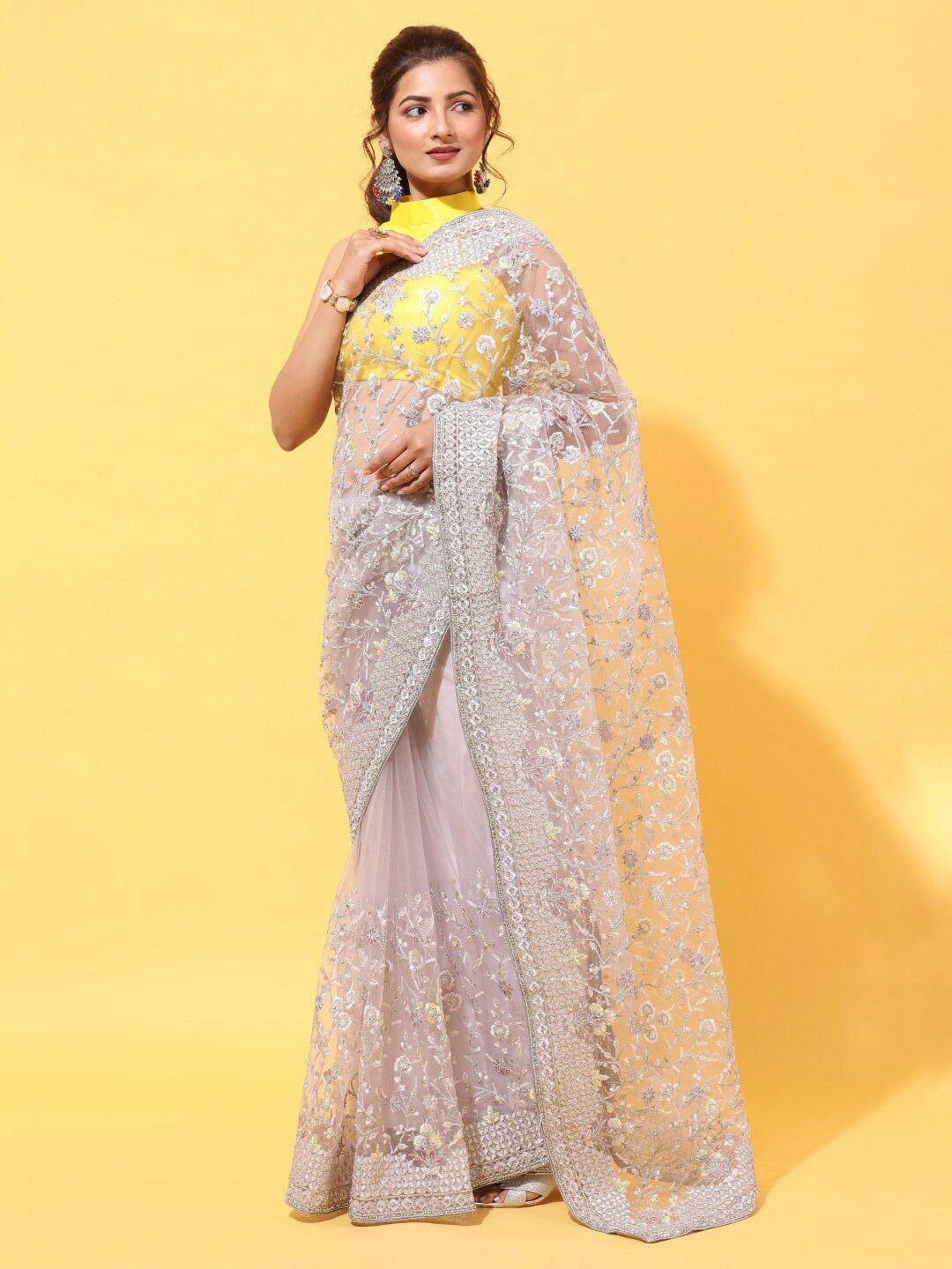 kasee lavender & silver-toned floral embroidered net saree