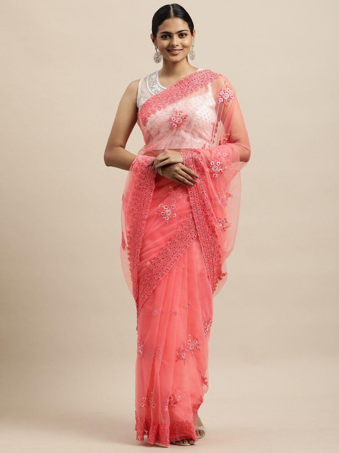 kasee peach-coloured floral embroidered net saree