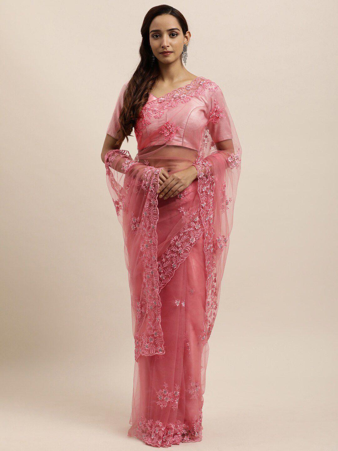 kasee pink floral embroidered net saree
