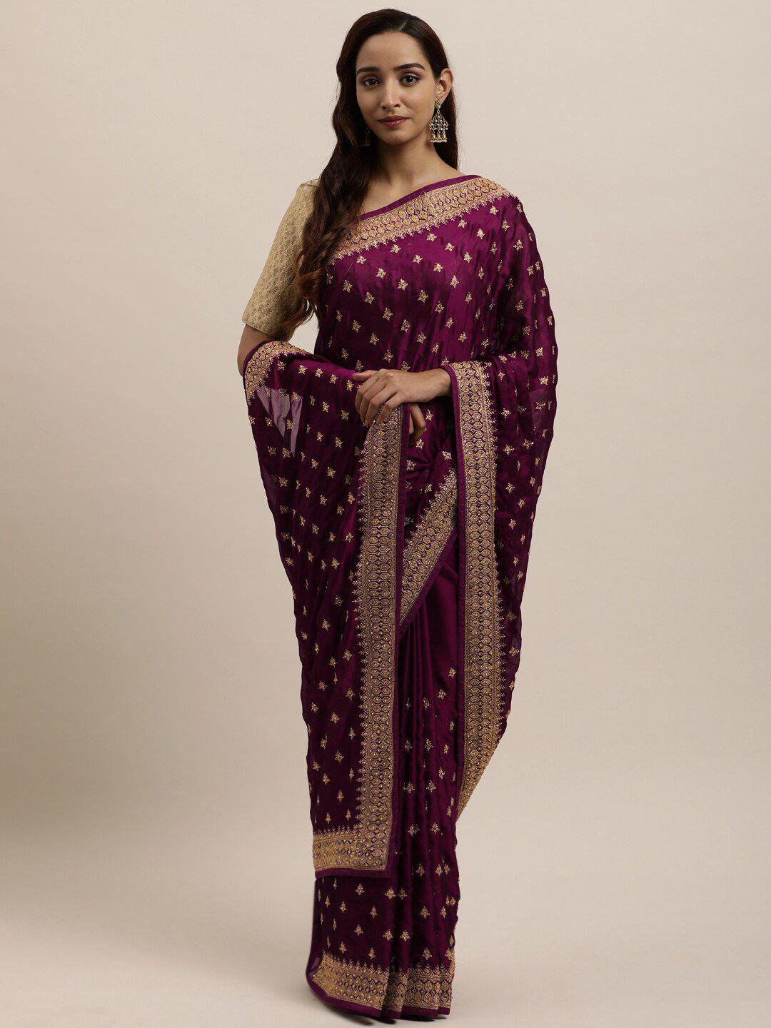 kasee purple & silver-toned floral embroidered art silk saree