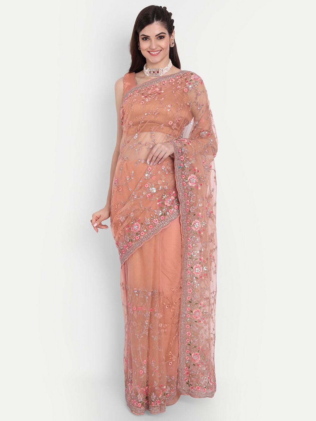 kasee women peach-coloured floral embroidered  net saree