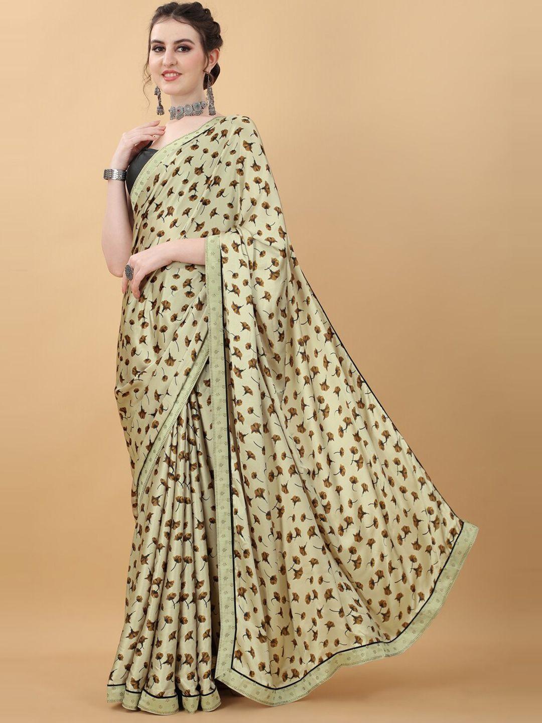 kasee beige & brown floral satin saree