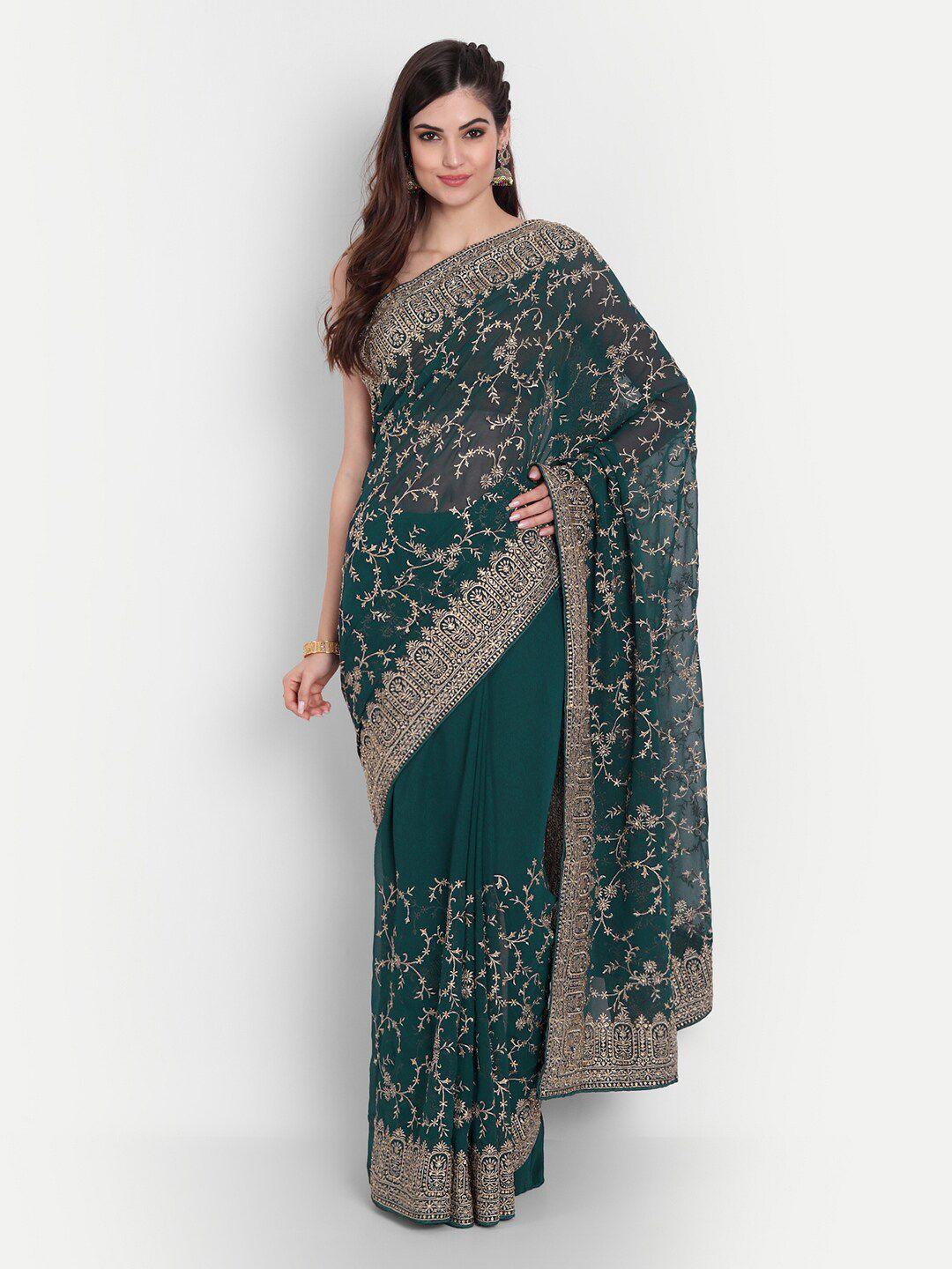 kasee blue & gold-toned floral embroidered pure georgette saree