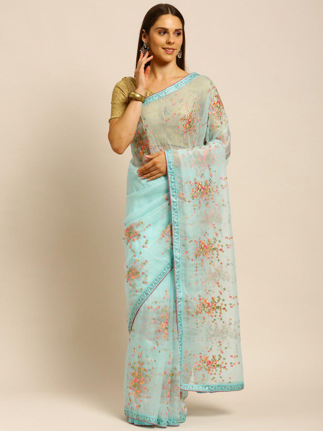 kasee blue & orange floral embroidered organza saree