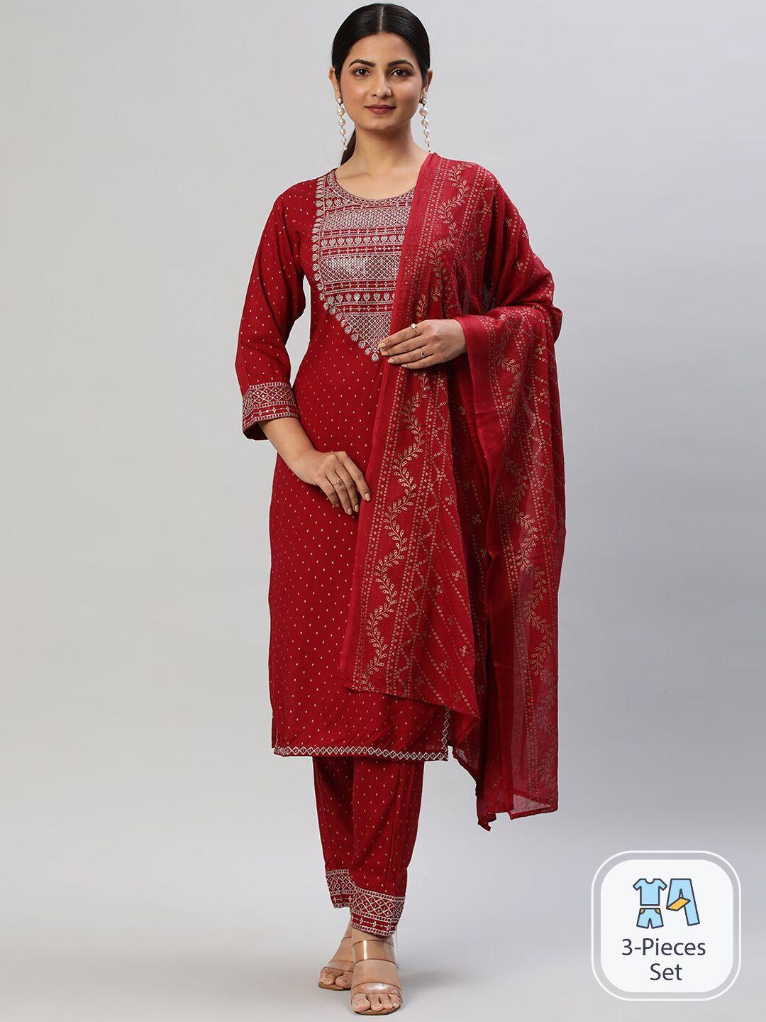 kasee ethnic motifs printed thread work detailed straight kurta & trousers with dupatta