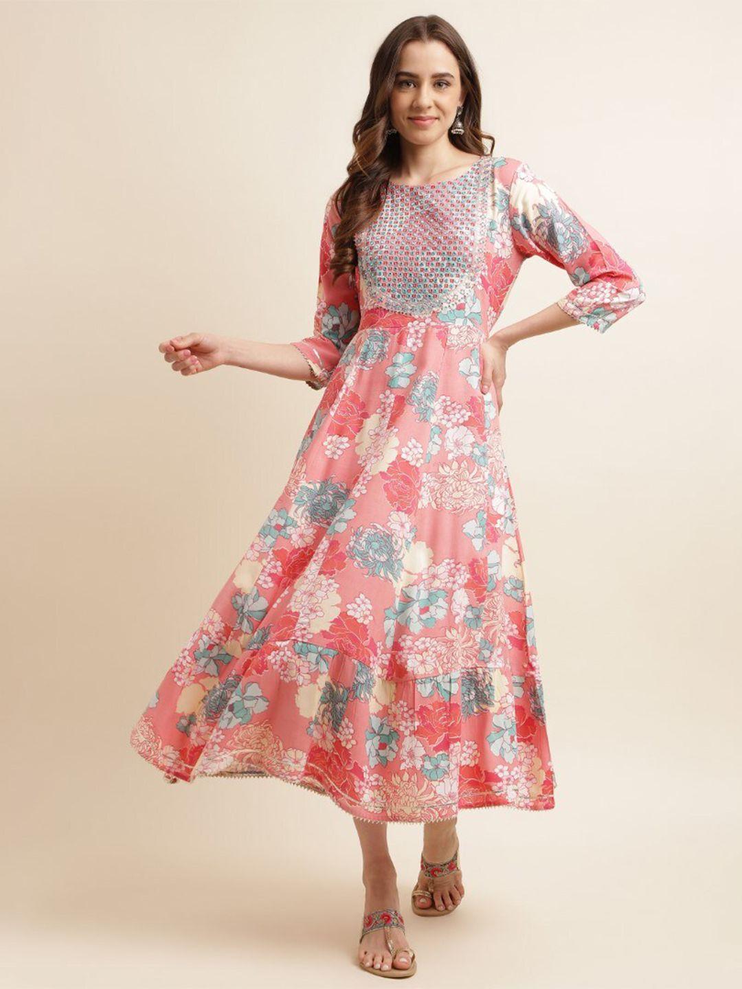 kasee floral printed enbroidered detail fit and flare ethnic dress