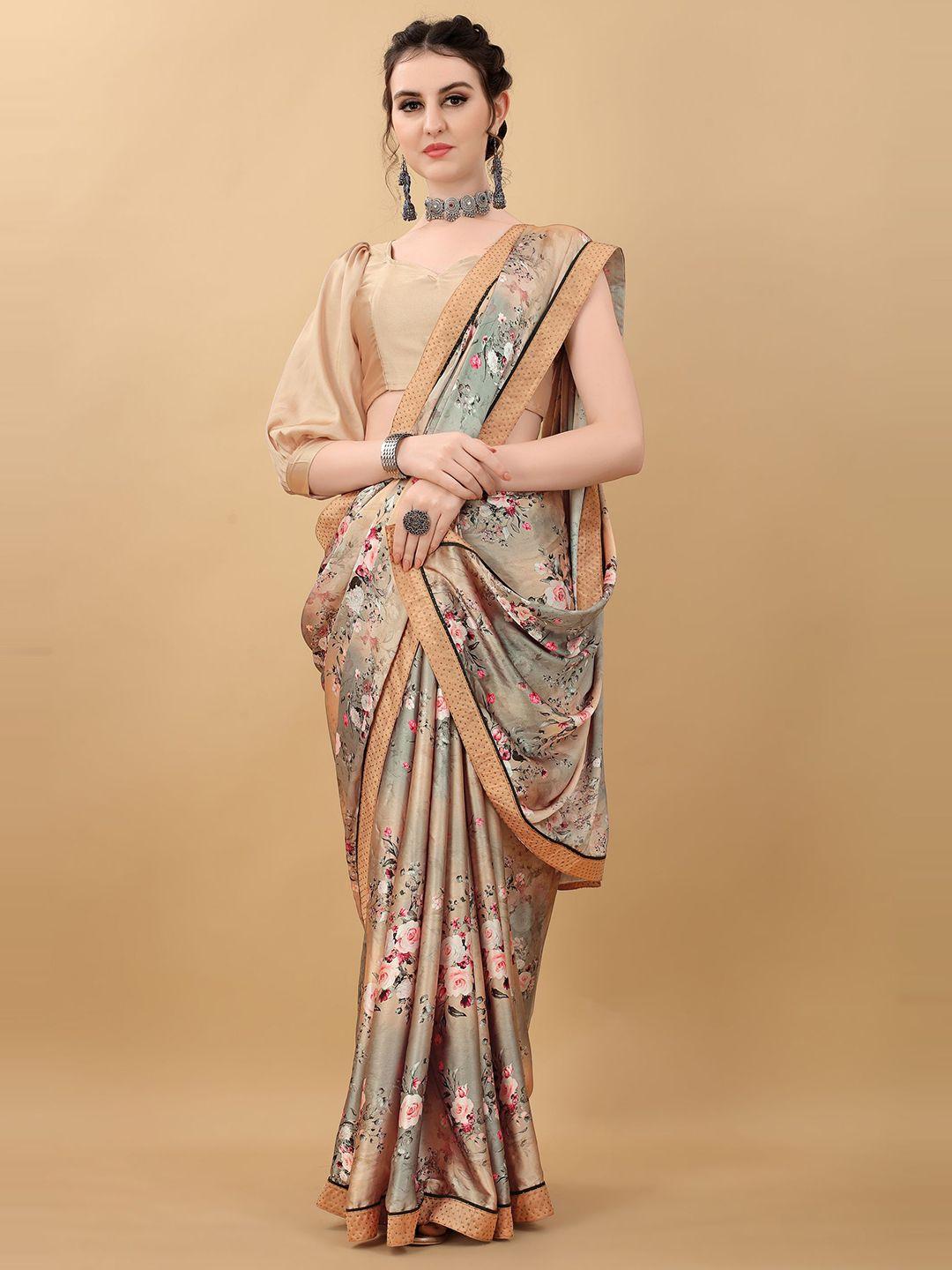 kasee grey & orange floral satin saree