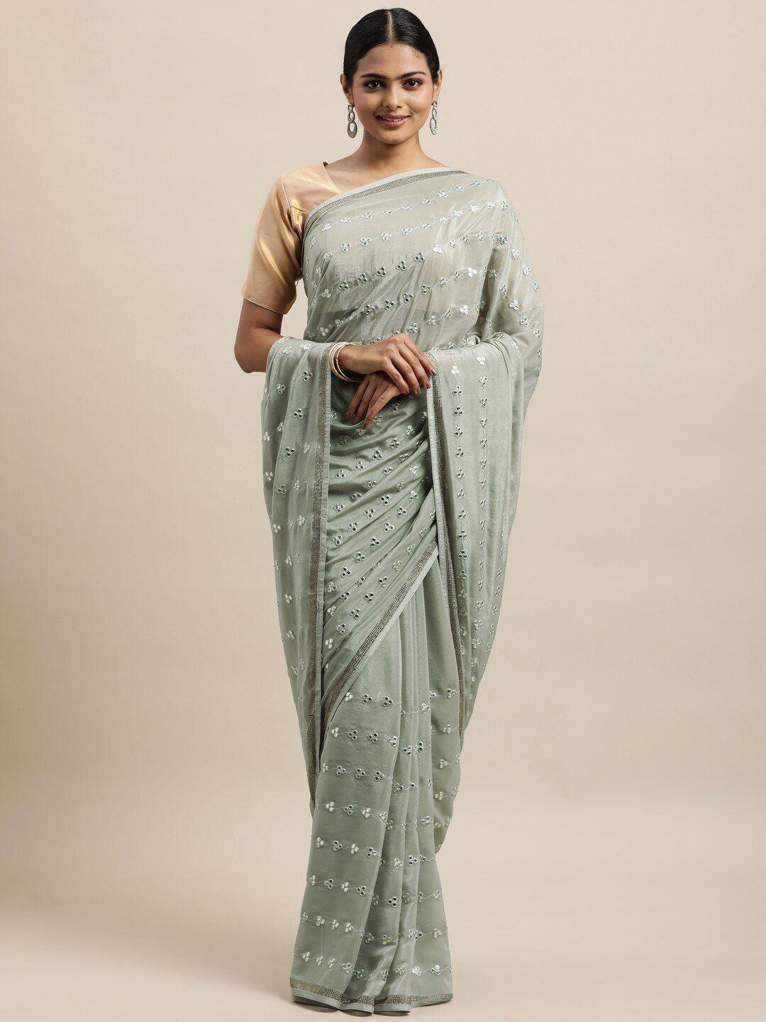 kasee grey floral embroidered satin saree