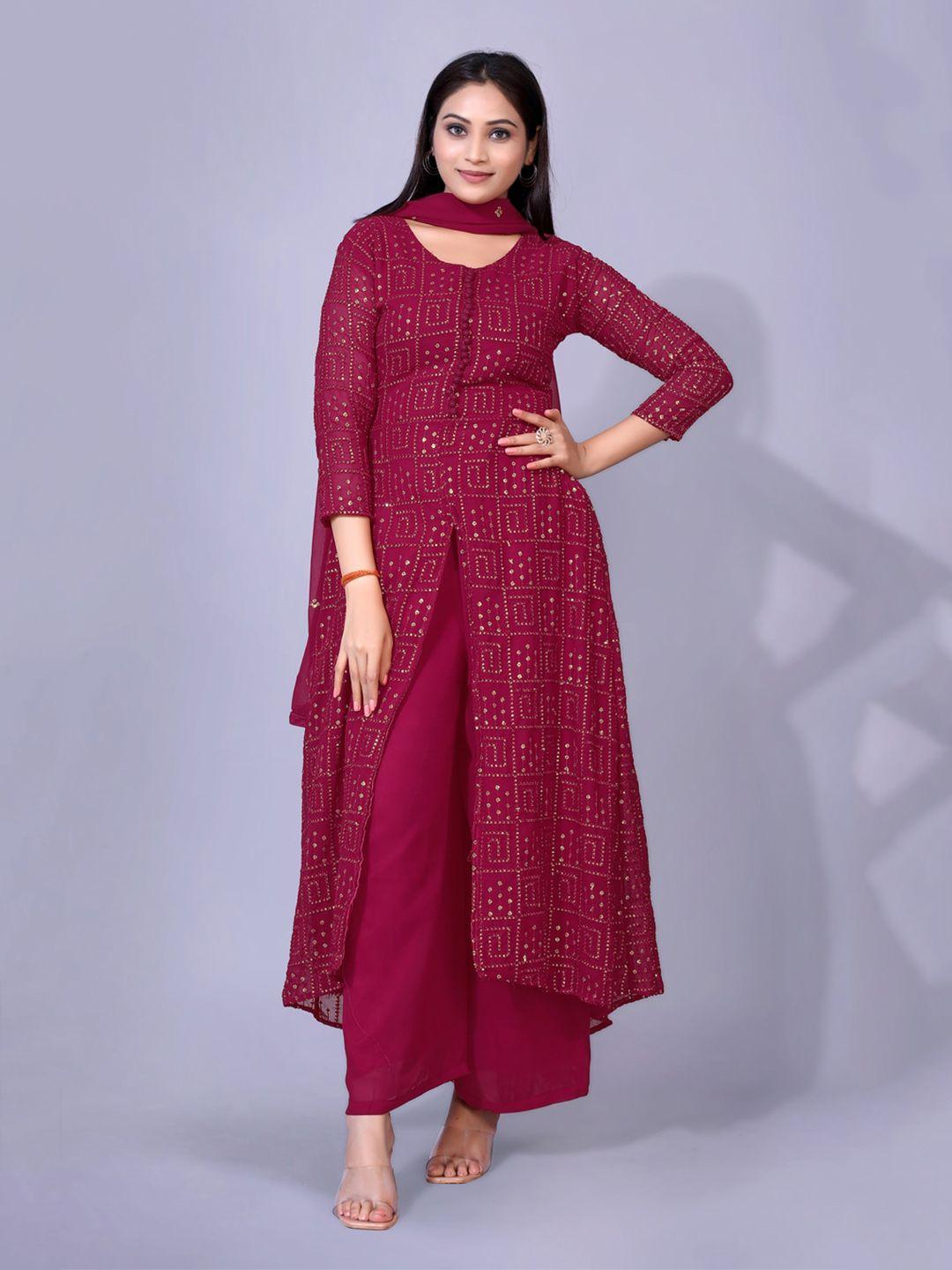 kasee maroon ethnic motifs high slit sequined kurta with palazzos & with dupatta