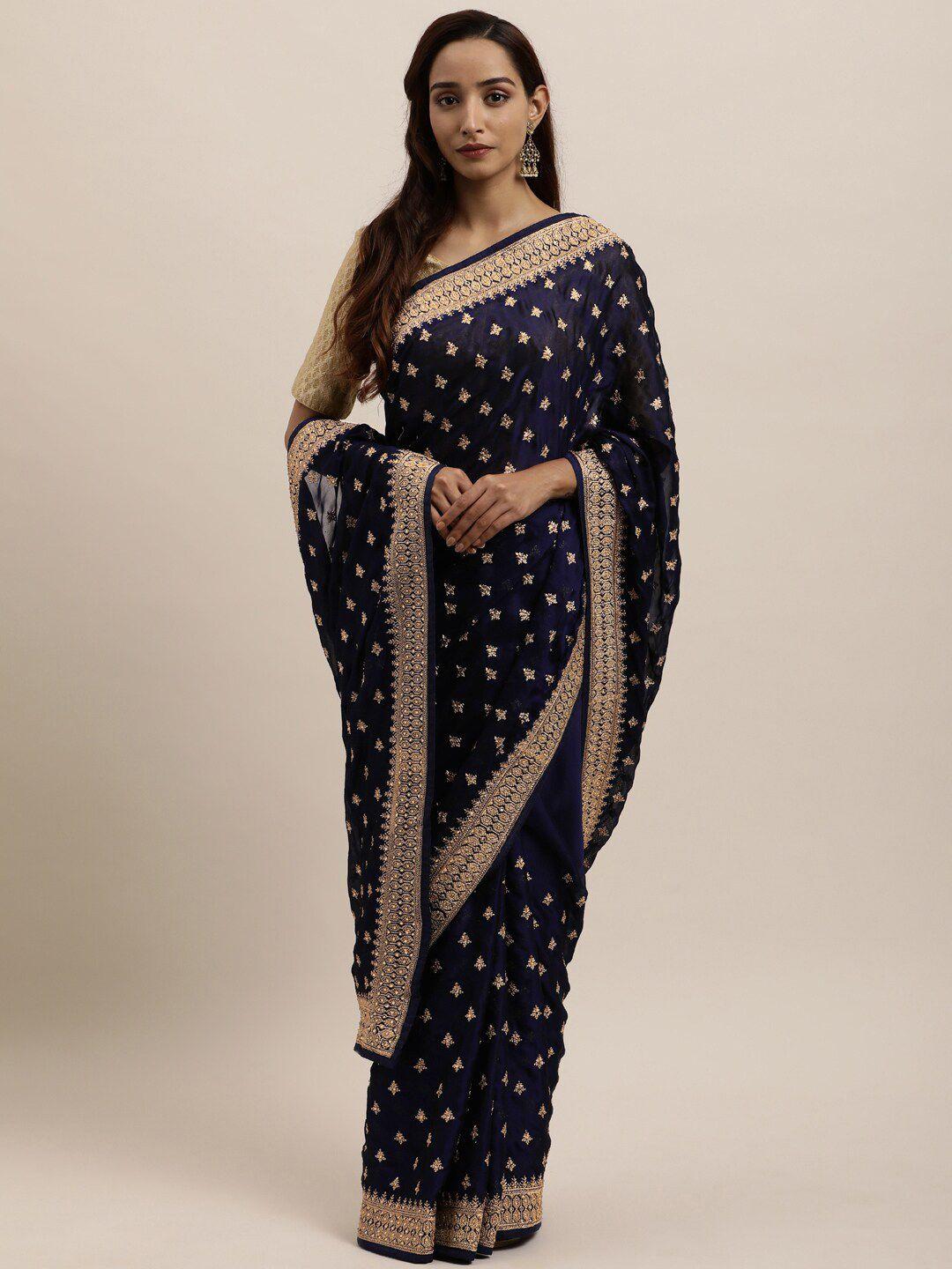 kasee navy blue floral embroidered art silk saree