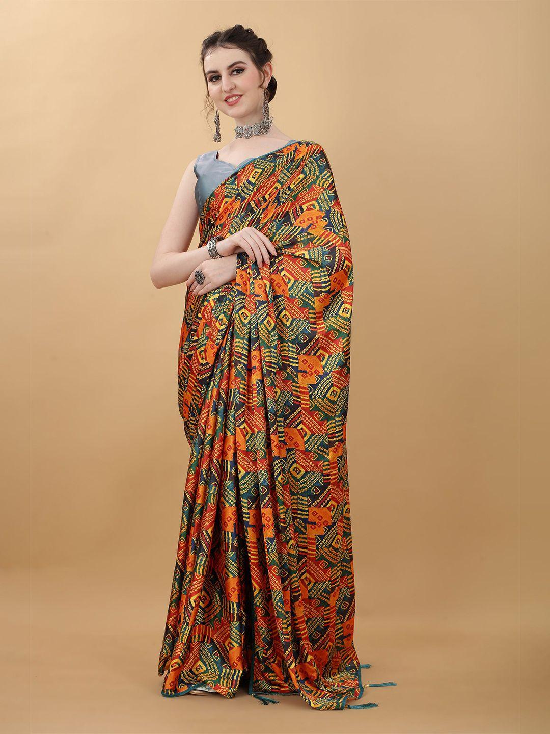 kasee olive green & orange bandhani satin saree