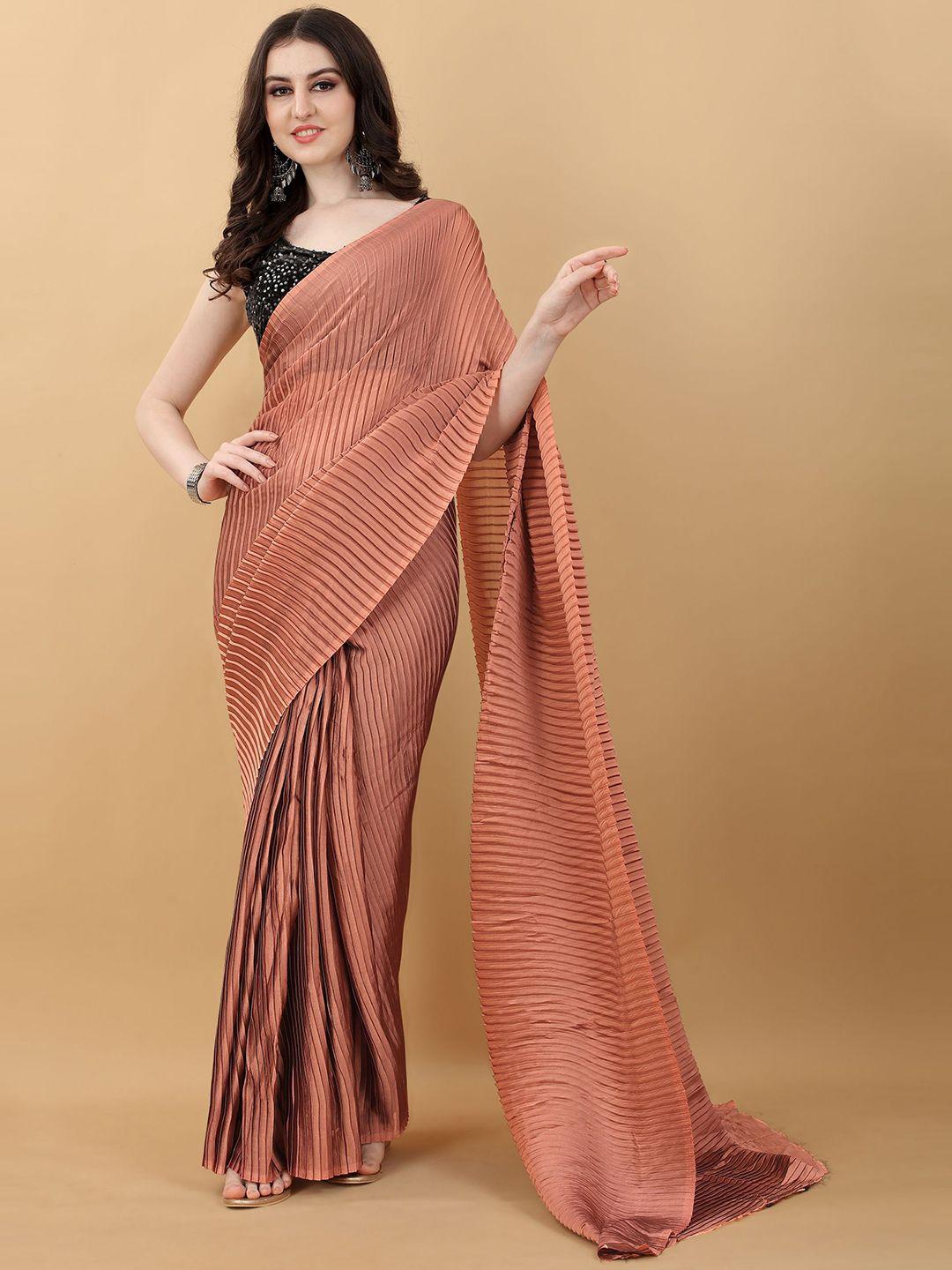 kasee peach-coloured accordion pleated solid saree