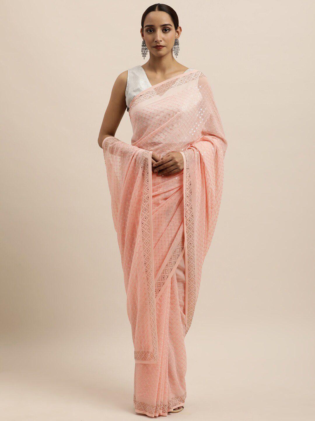 kasee peach-coloured embroidered pure georgette saree