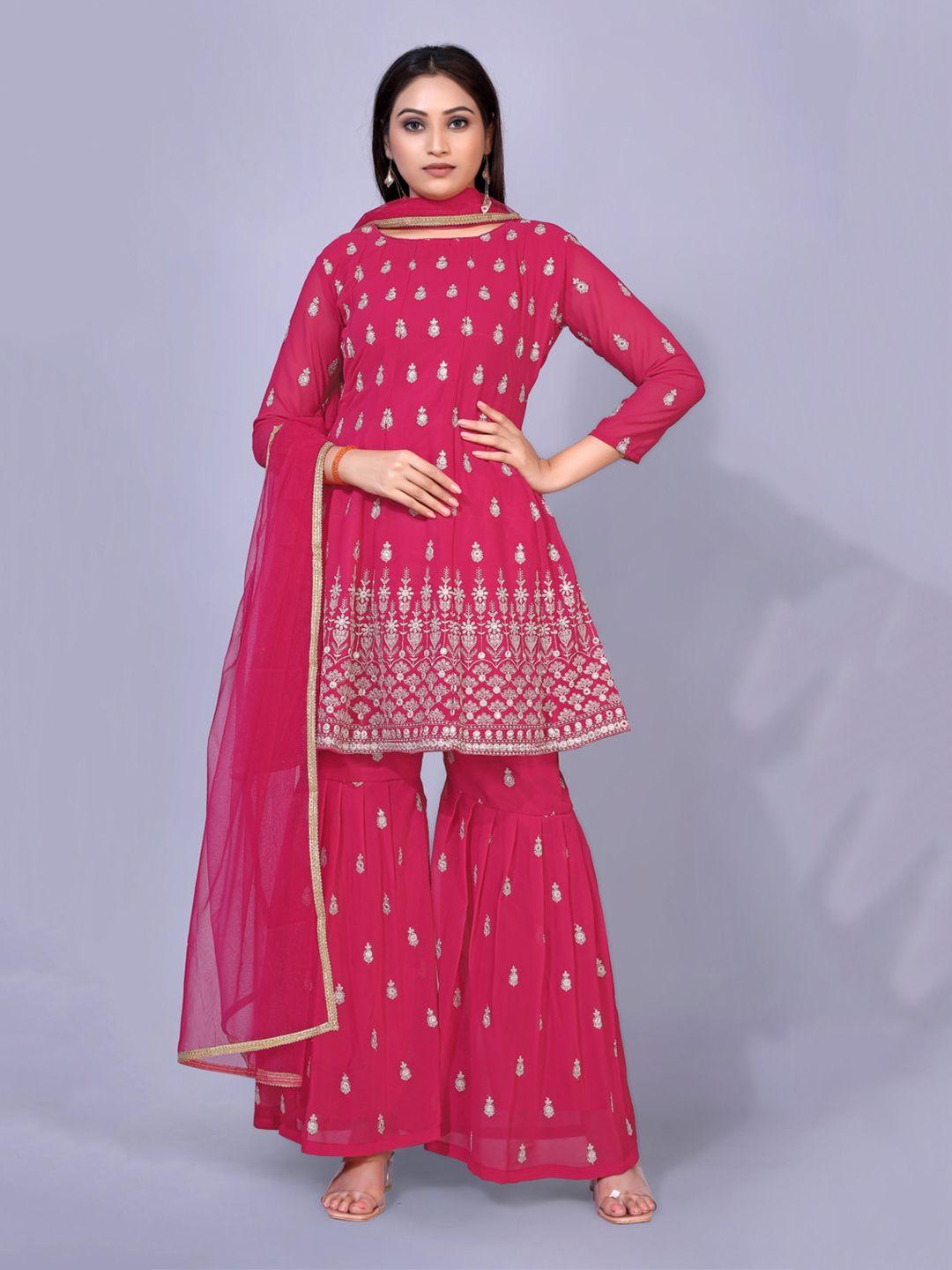 kasee pink ethnic motifs embroidered angrakha kurti with sharara & with dupatta