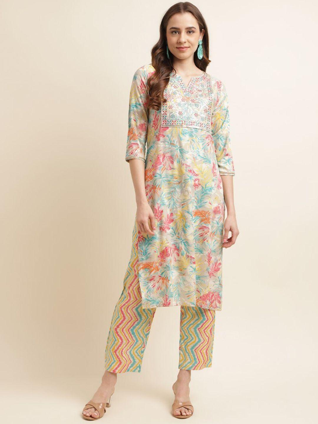 kasee printed regular sequinned kurta with trousers