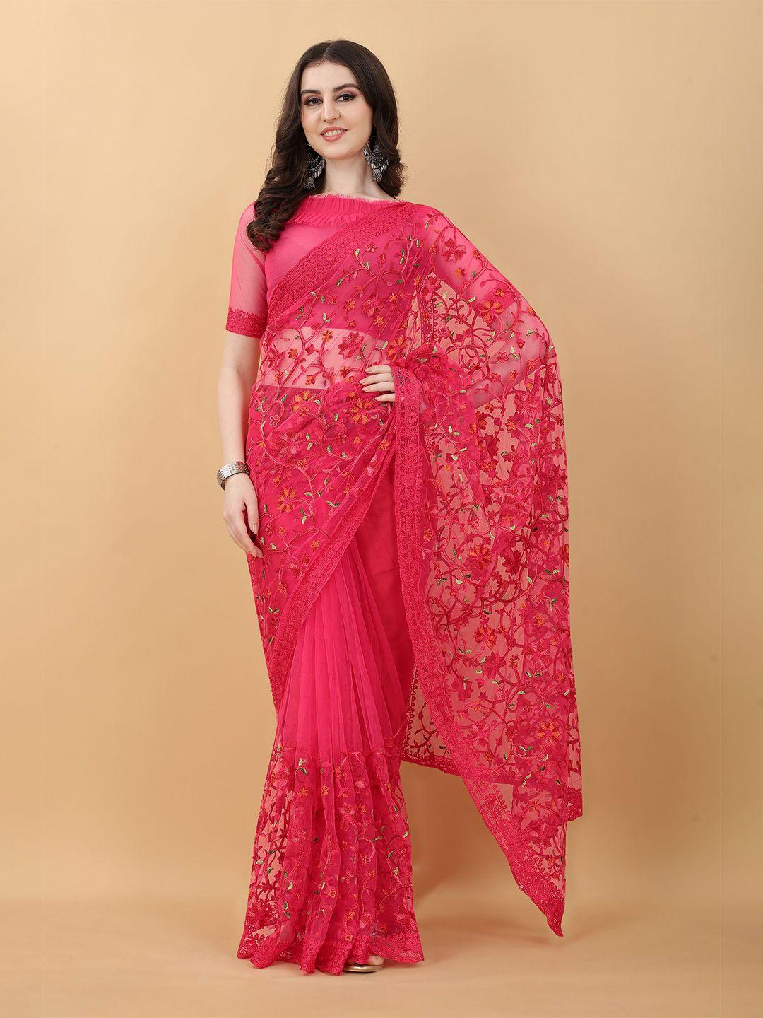 kasee rose & gold-toned floral embroidered net heavy work saree