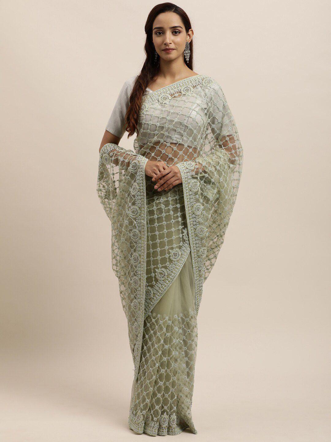 kasee sea green floral embroidered net saree