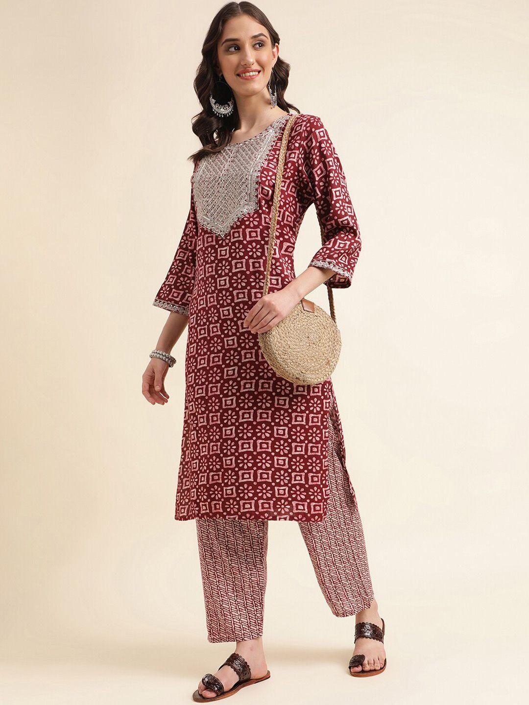 kasee women burgundy ethnic motifs printed regular sequinned kurta with trousers