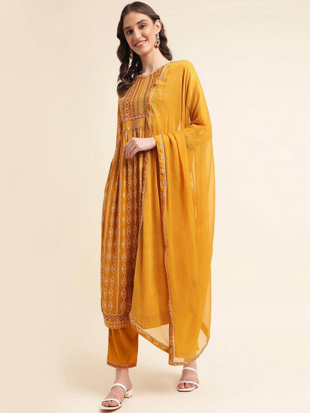 kasee women mustard yellow floral embroidered pleated kurta with trousers & with dupatta
