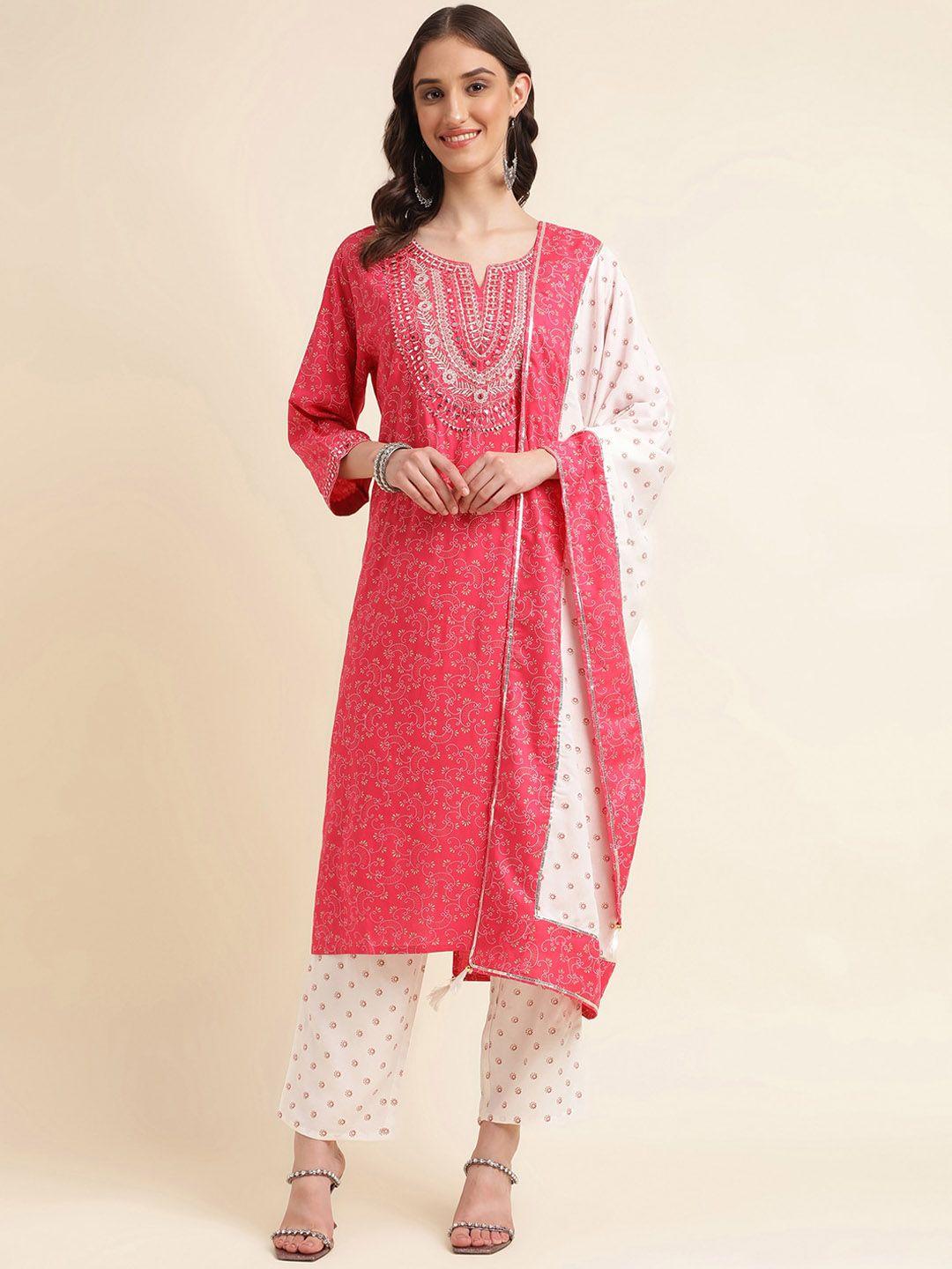 kasee women pink floral embroidered regular thread work kurta with trousers & with dupatta