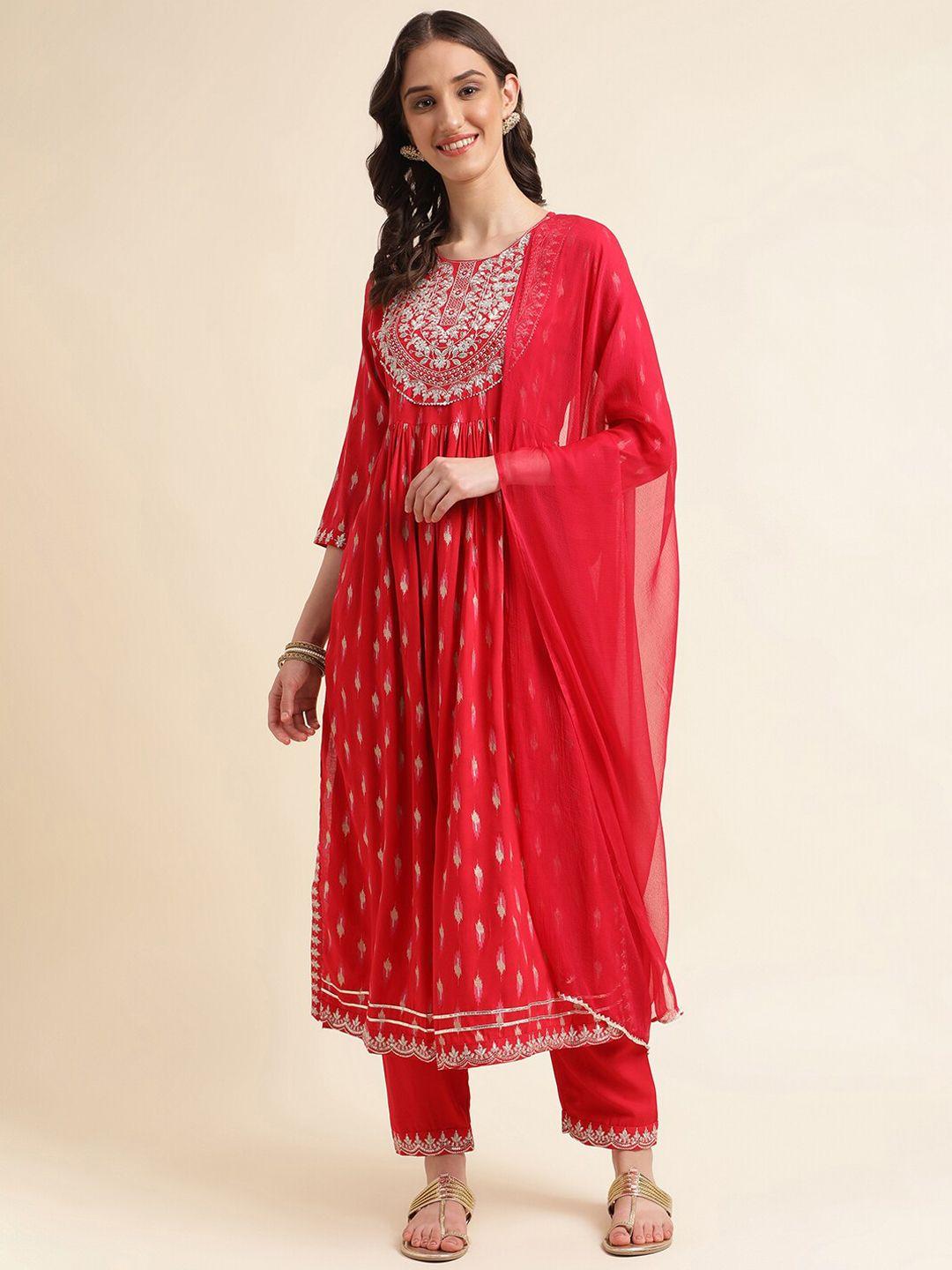 kasee women red floral embroidered pleated kurta with trousers & with dupatta