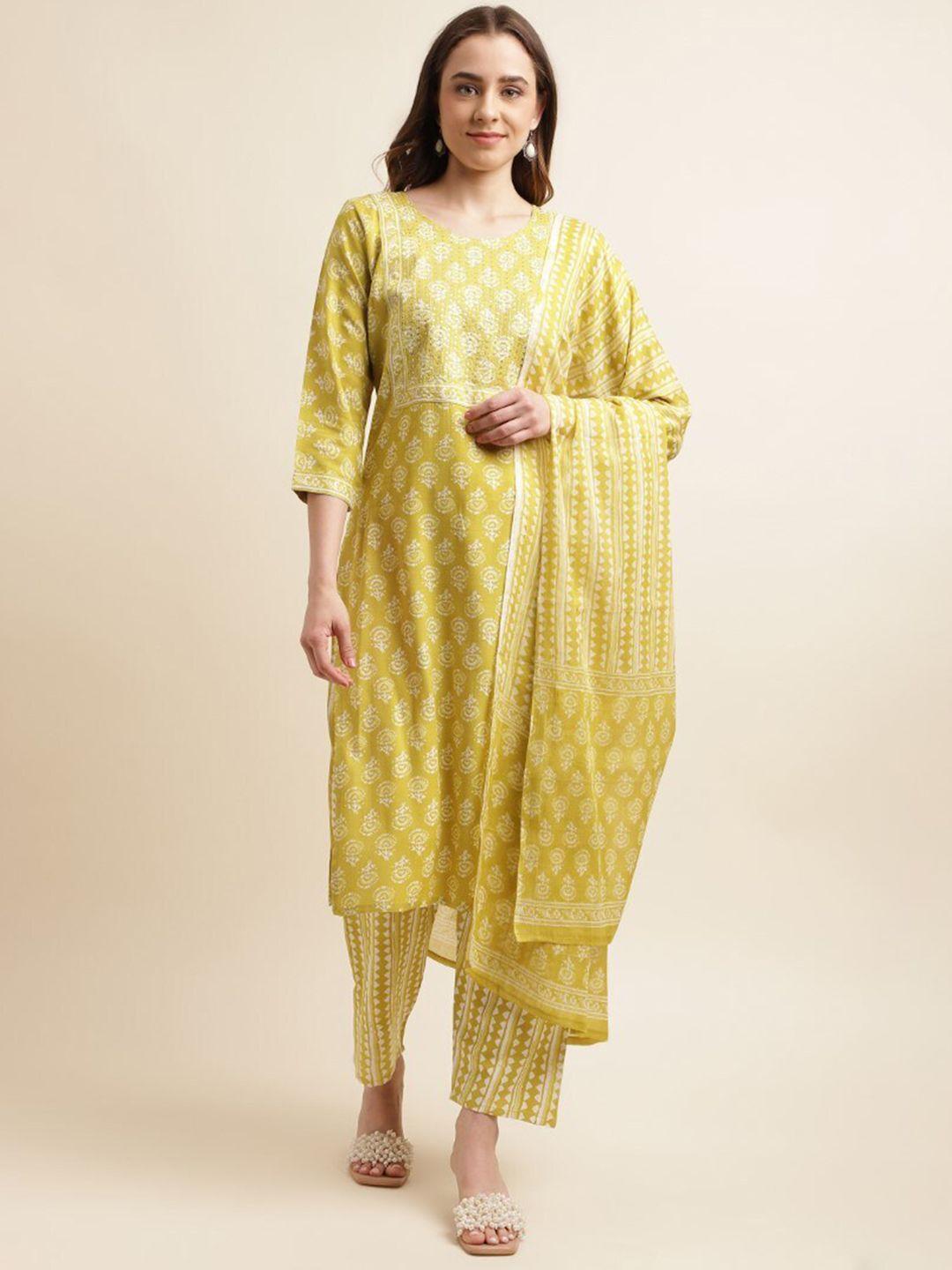 kasee women yellow ethnic motifs printed regular kurta with trousers & with dupatta
