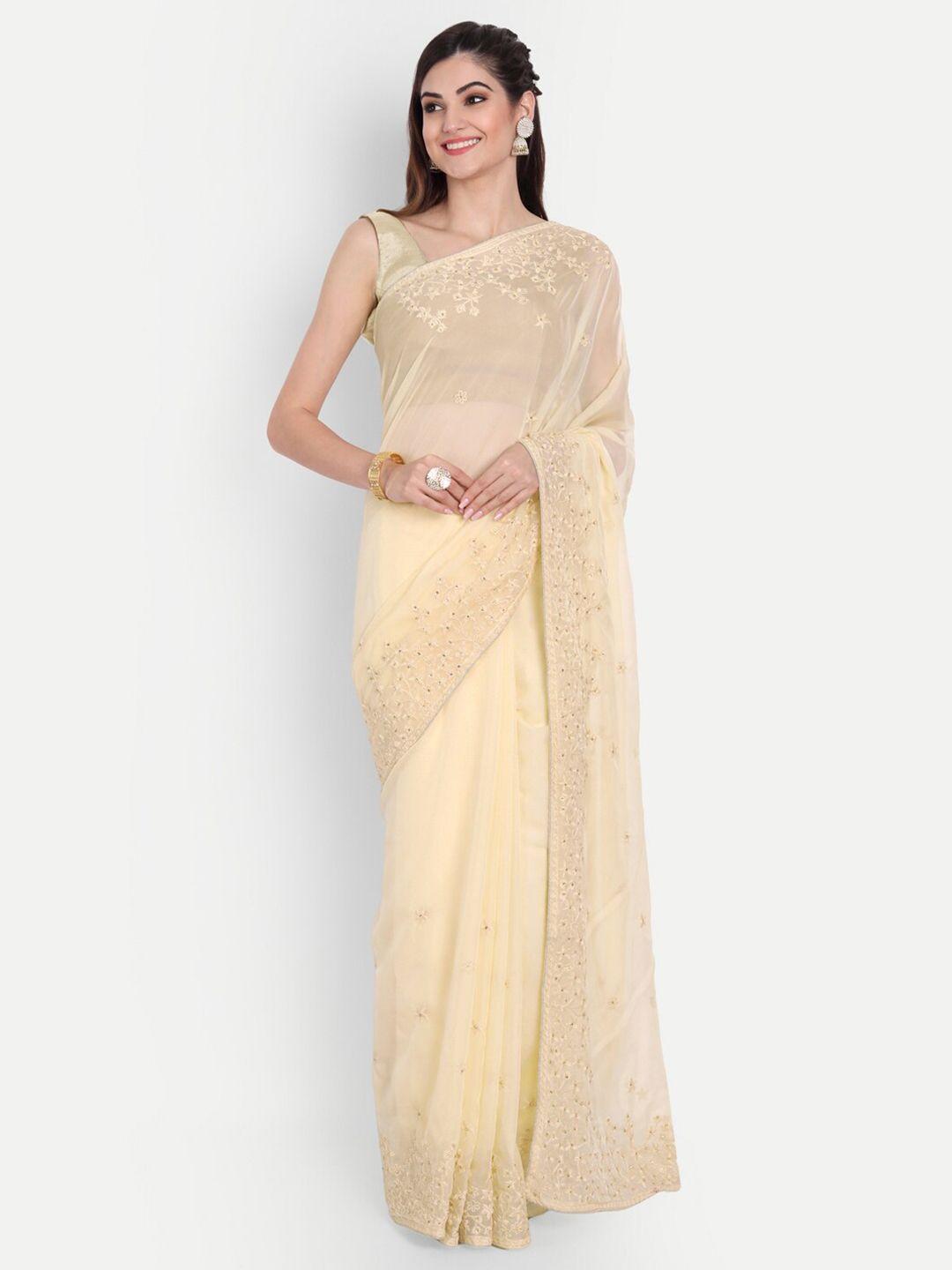 kasee women yellow floral embroidered organza saree