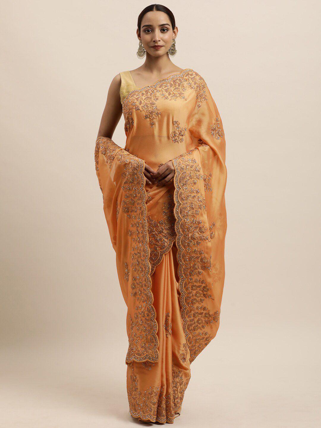 kasee yellow & gold-toned floral embroidered art silk saree