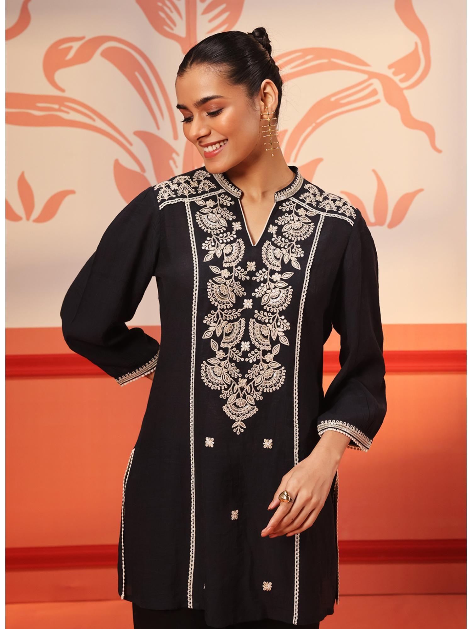 kashaf crimson black embroidered crinkled crepe tunic