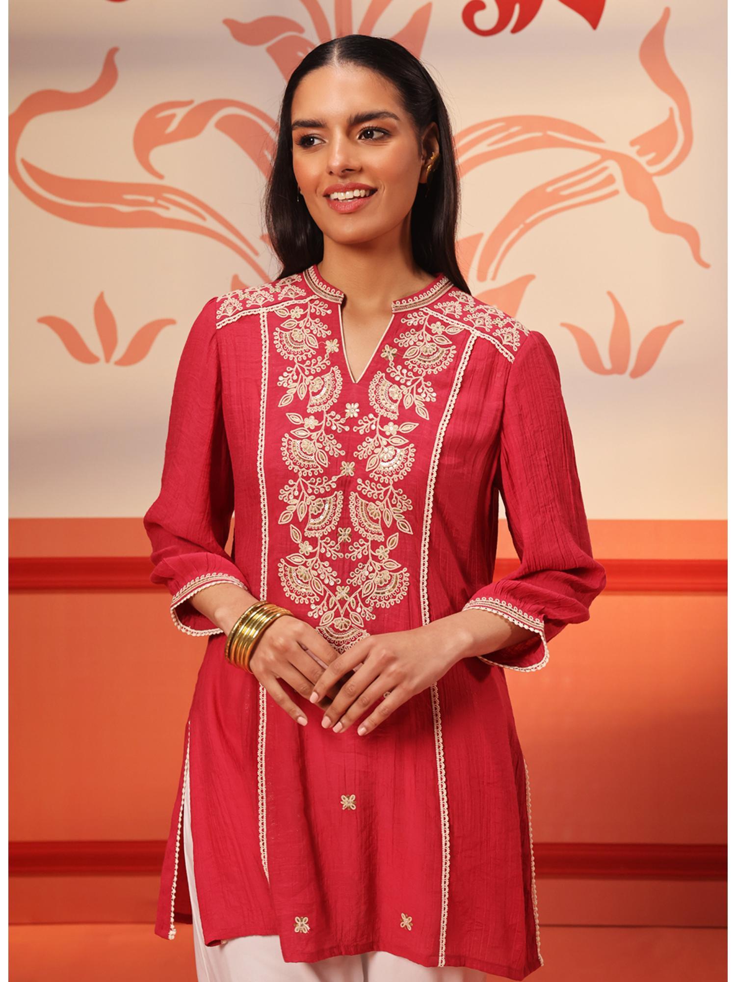 kashaf crimson red embroidered crinkled crepe tunic