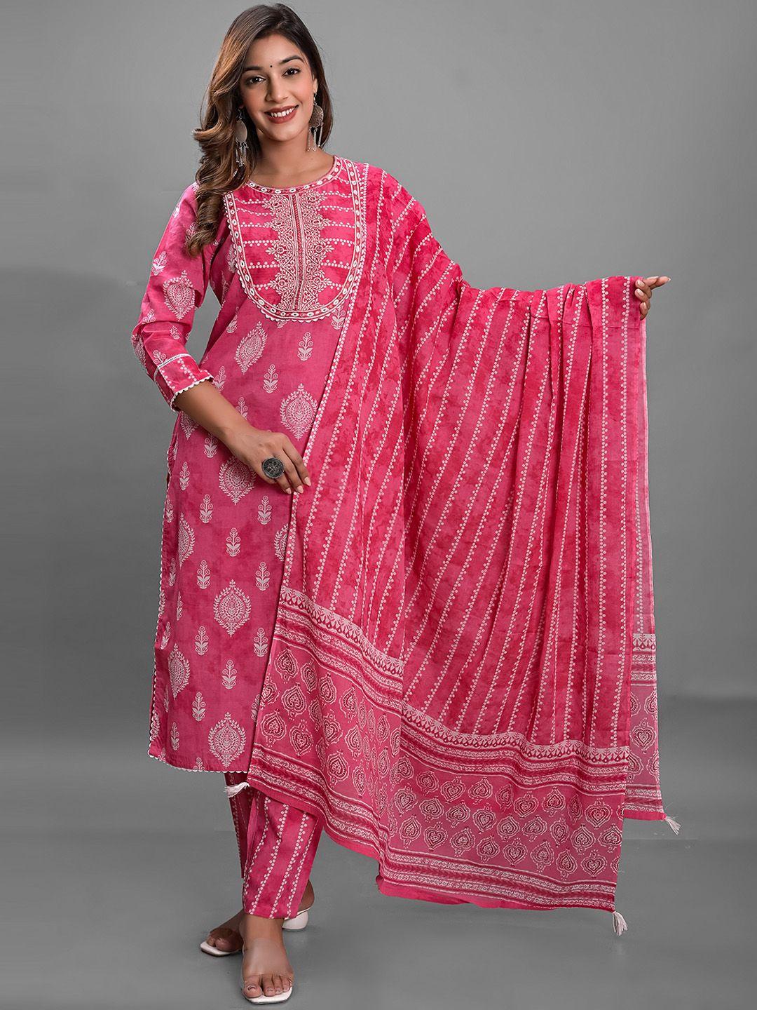 kasheeda women pink ethnic motifs embroidered regular thread work pure cotton kurta with harem pants & with