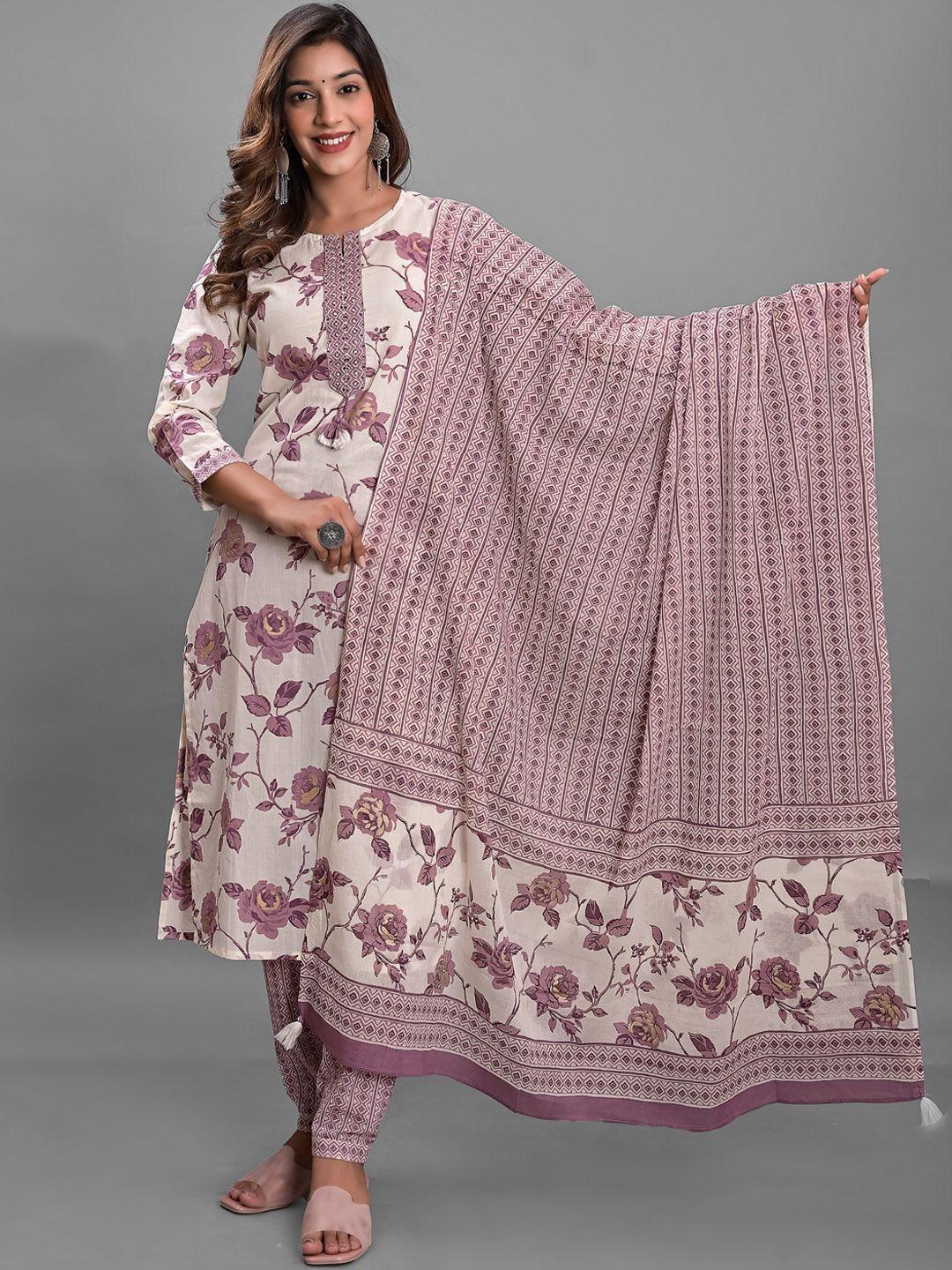 kasheeda women purple embroidered regular beads and stones pure cotton kurta with harem pants & with dupatta