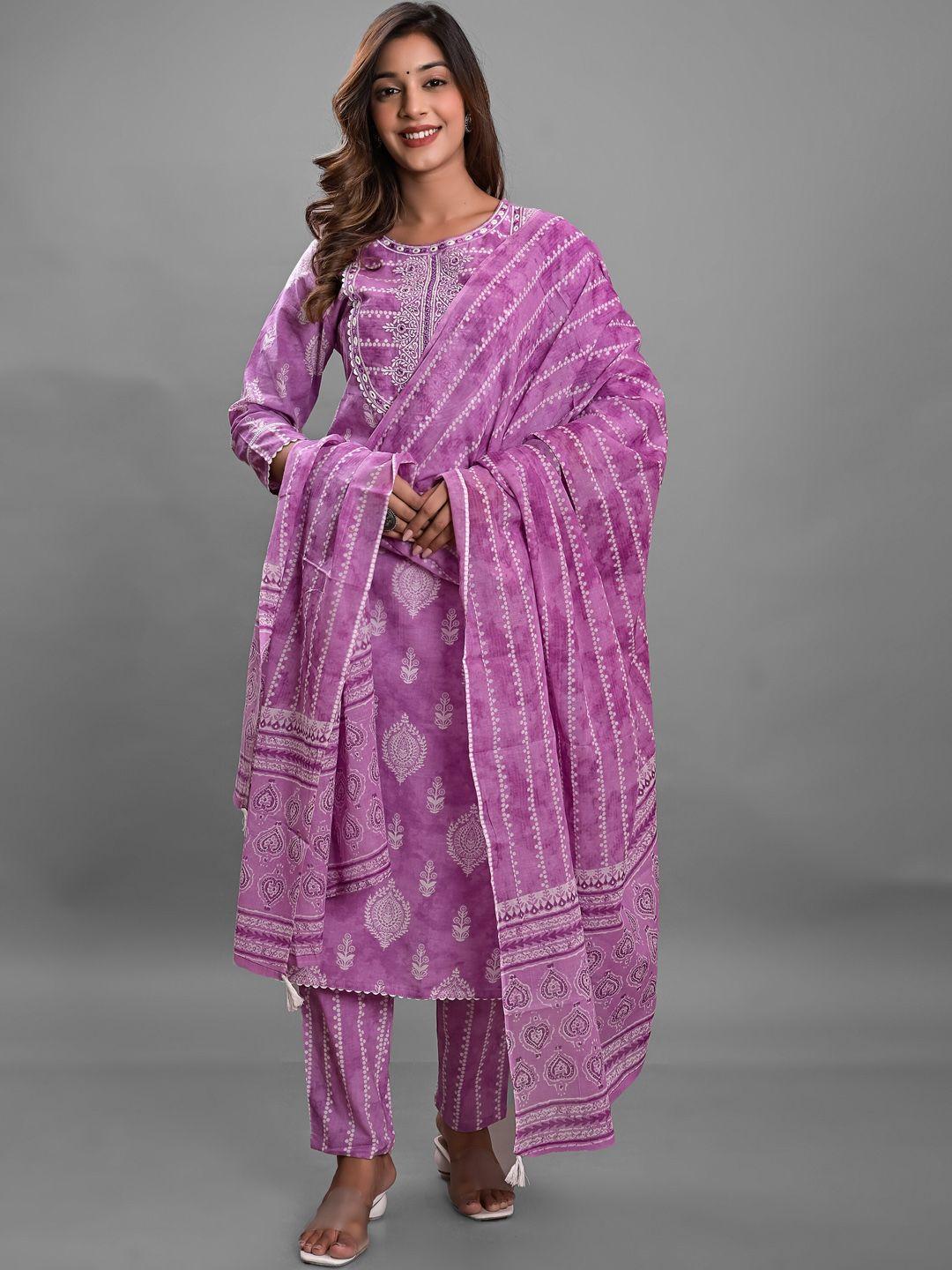 kasheeda women purple ethnic motifs printed regular thread work pure cotton kurta with harem pants & with
