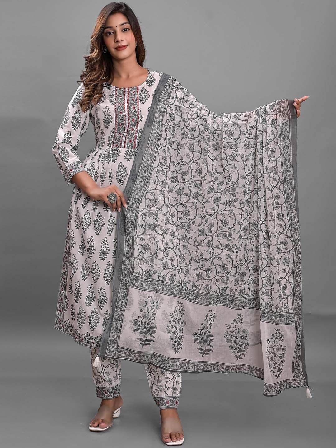 kasheeda women white floral embroidered regular thread work pure cotton kurta with harem pants & with dupatta
