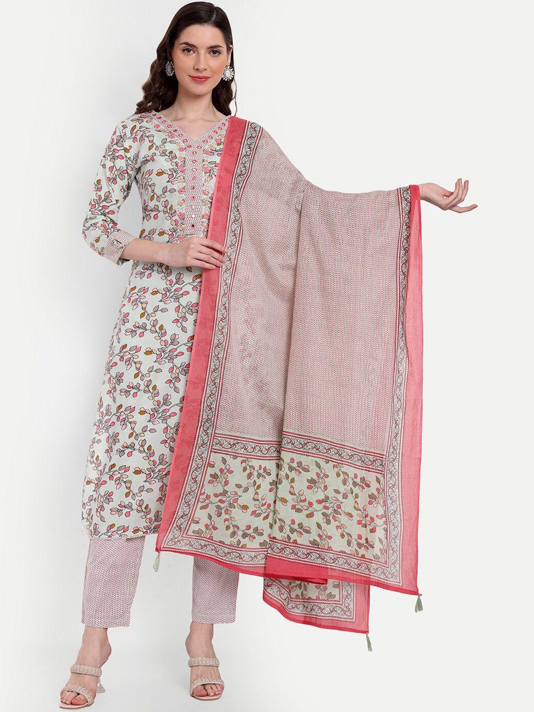 kasheeda floral printed mirror work pure cotton kurta with trousers & dupatta