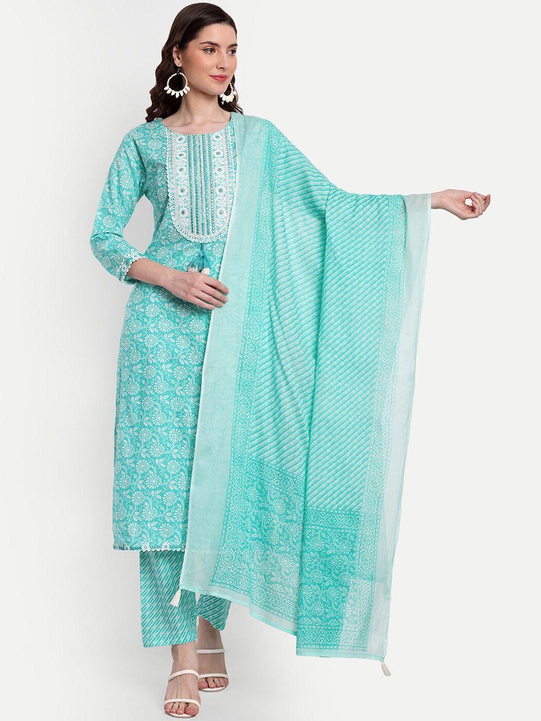 kasheeda printed thread & mirror work pure cotton kurta with trousers & dupatta