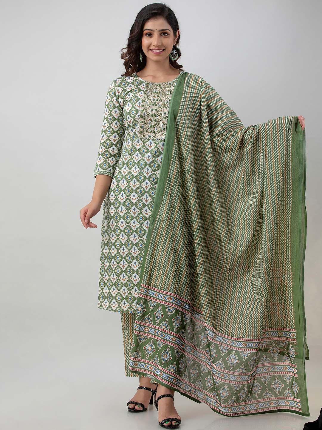 kasheeda women green embroidered regular mirror work pure cotton kurta with trousers & with dupatta