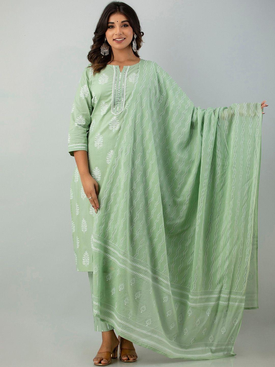 kasheeda women green ethnic motifs printed regular sequinned pure cotton kurta with trousers & with dupatta