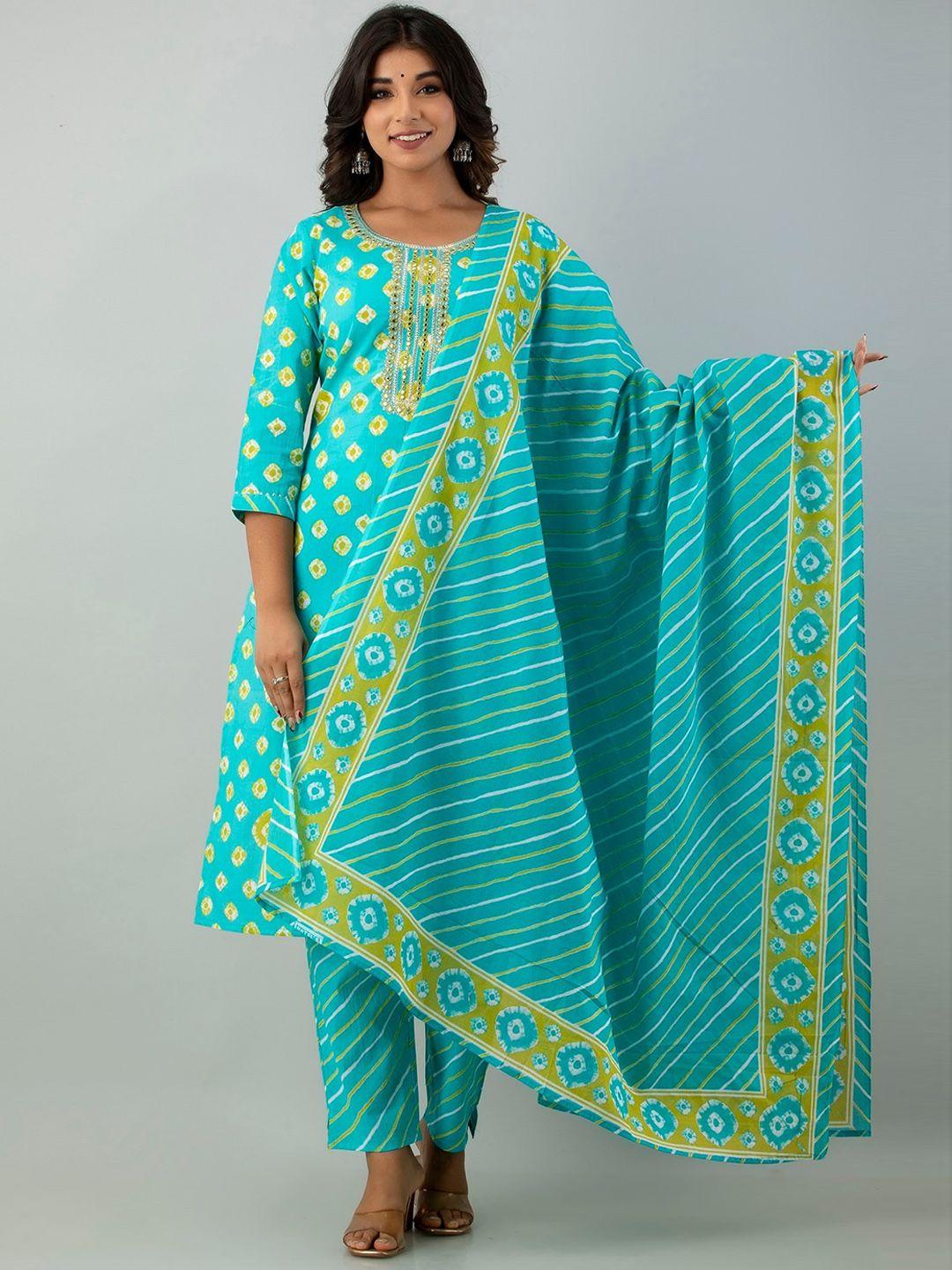 kasheeda women green printed regular mirror work pure cotton kurta with trousers & with dupatta