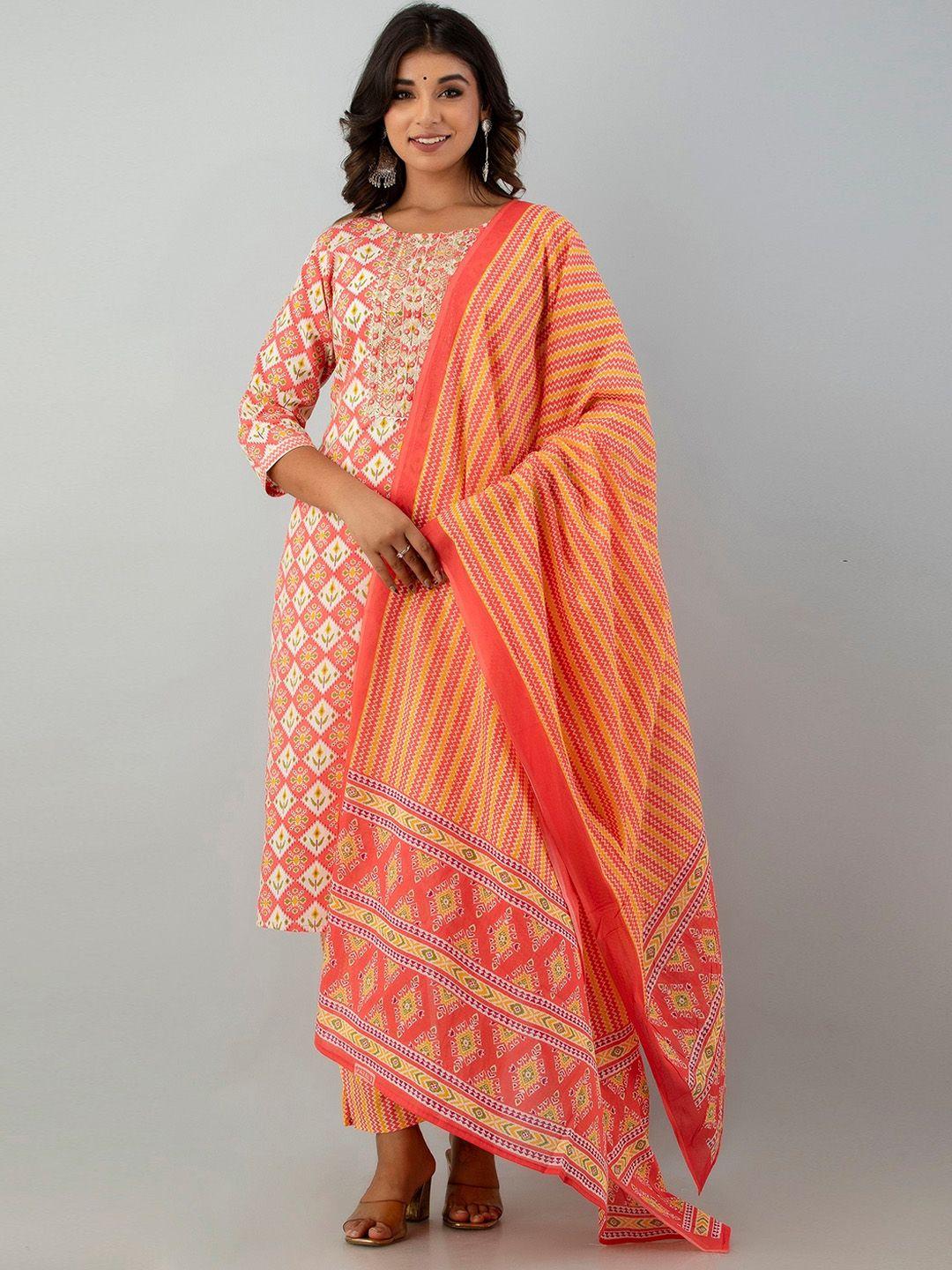 kasheeda women orange ethnic motifs printed regular mirror work pure cotton kurta with trousers & with