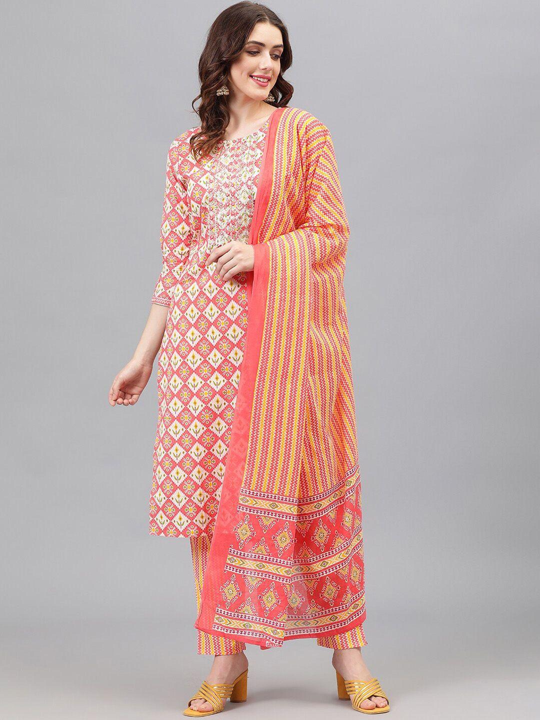 kasheeda women paisley printed regular mirror work pure cotton kurta with trousers & with dupatta