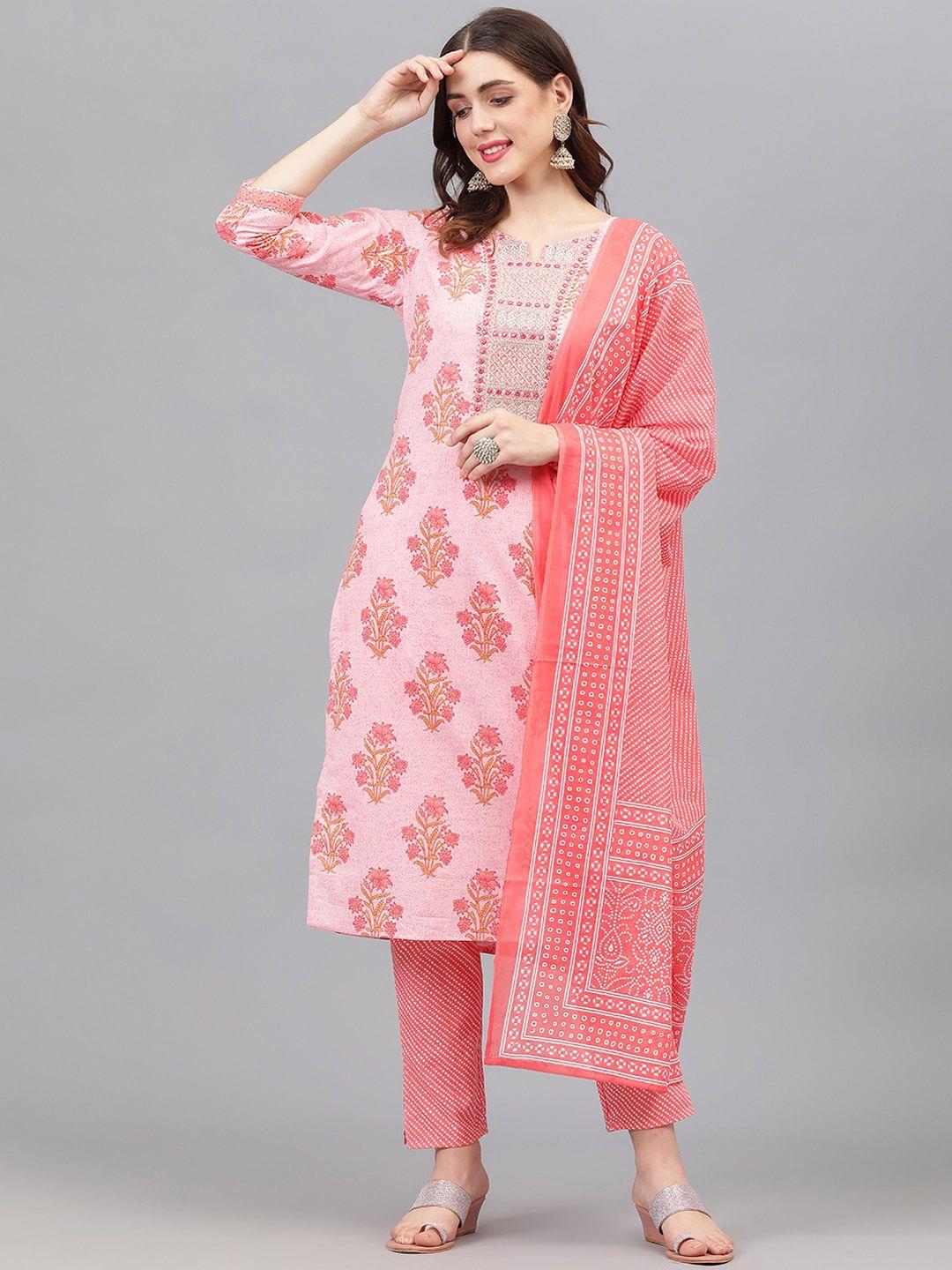 kasheeda women peach-coloured ethnic motifs printed regular mirror work pure cotton kurta with trousers &