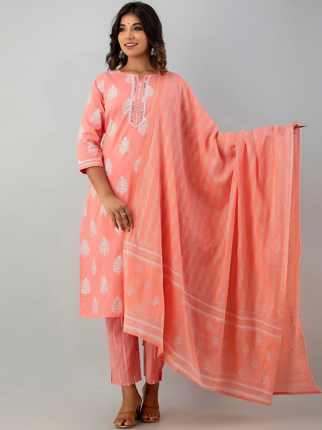 kasheeda women peach-coloured ethnic motifs printed regular sequinned pure cotton kurta with trousers & with
