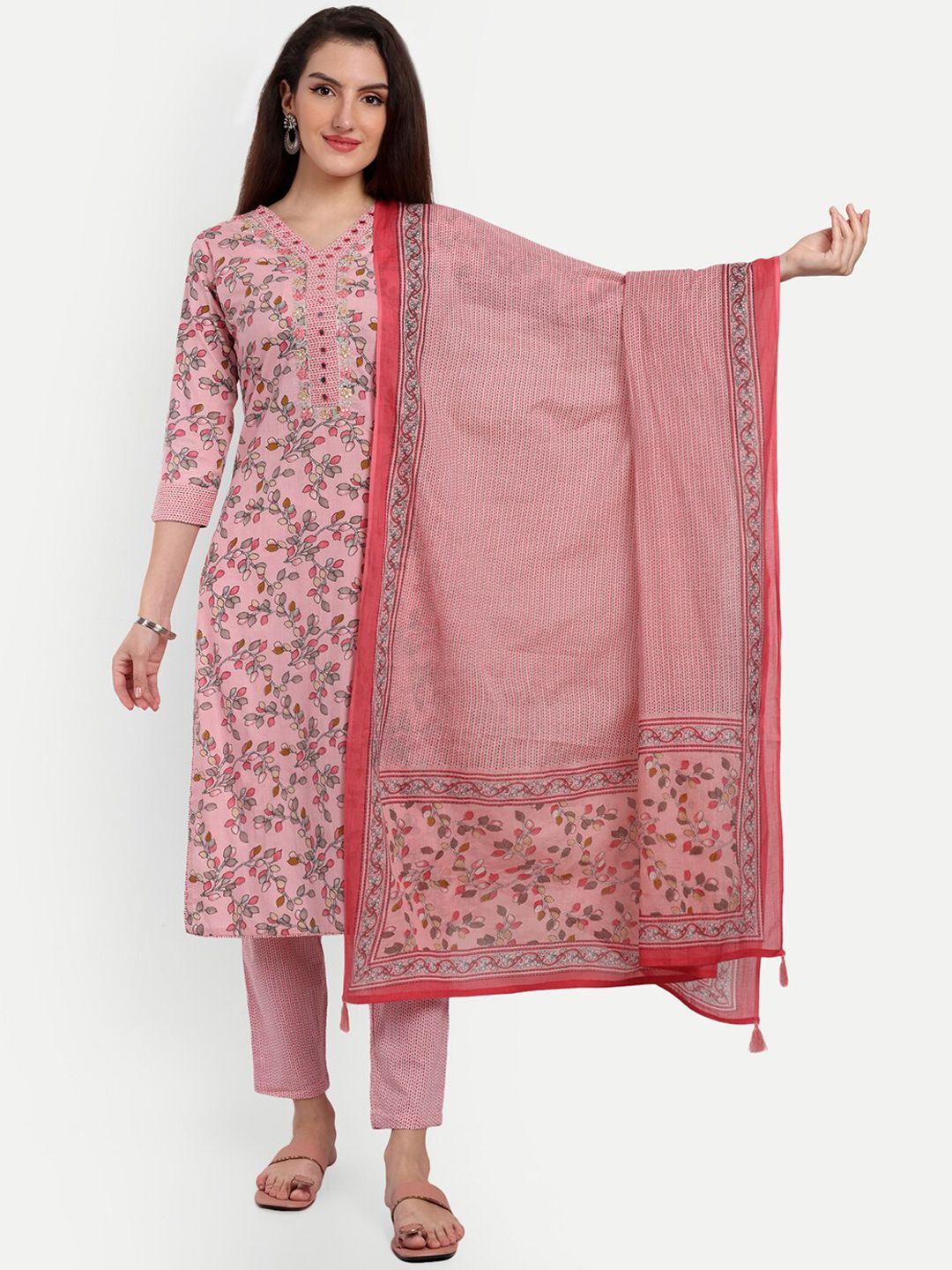 kasheeda women pink floral embroidered regular thread work pure cotton kurta with trousers & with dupatta