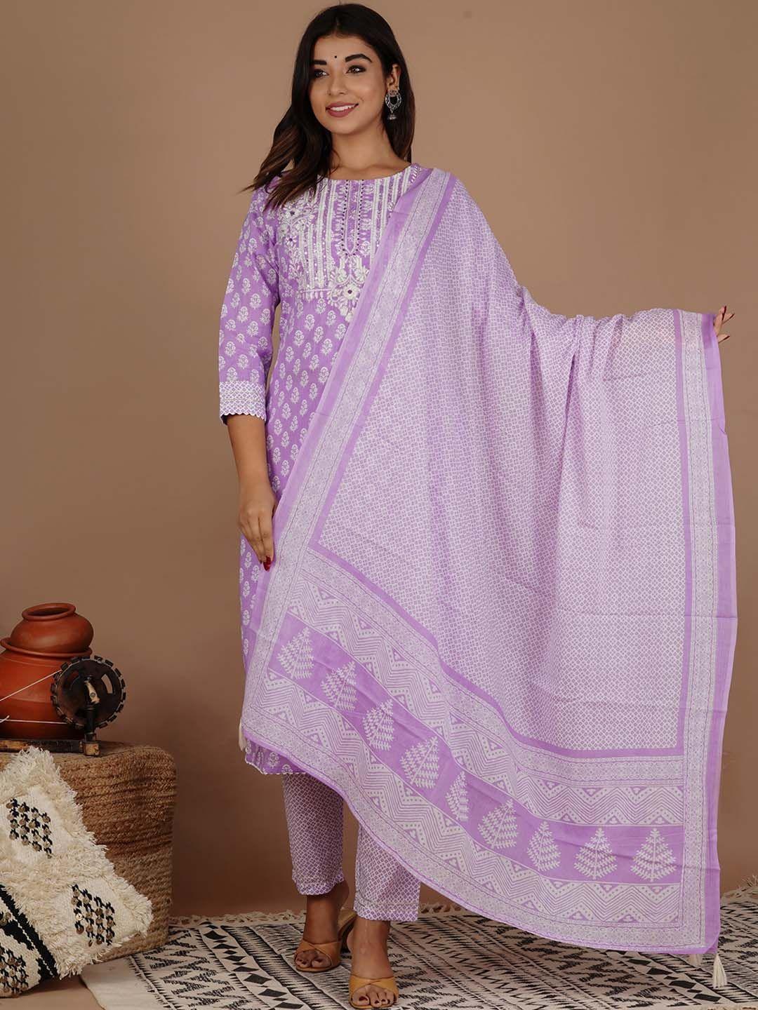kasheeda women purple floral printed regular thread work pure cotton kurta with trousers & with dupatta