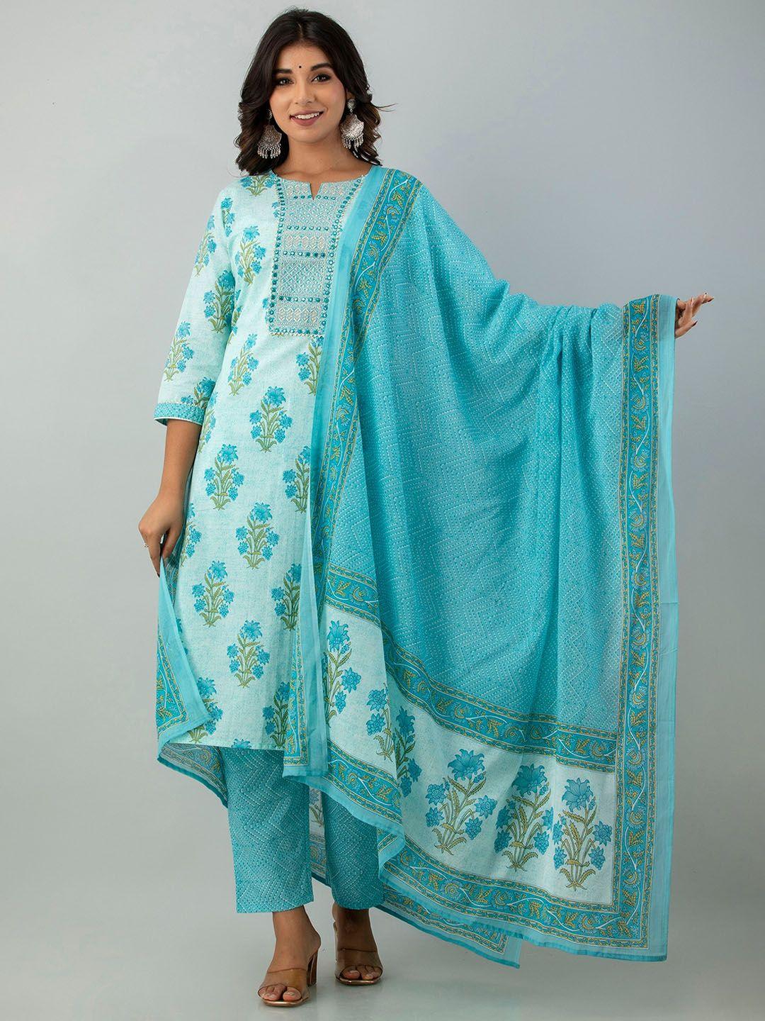 kasheeda women turquoise blue floral printed regular thread work pure cotton kurta with trousers & with