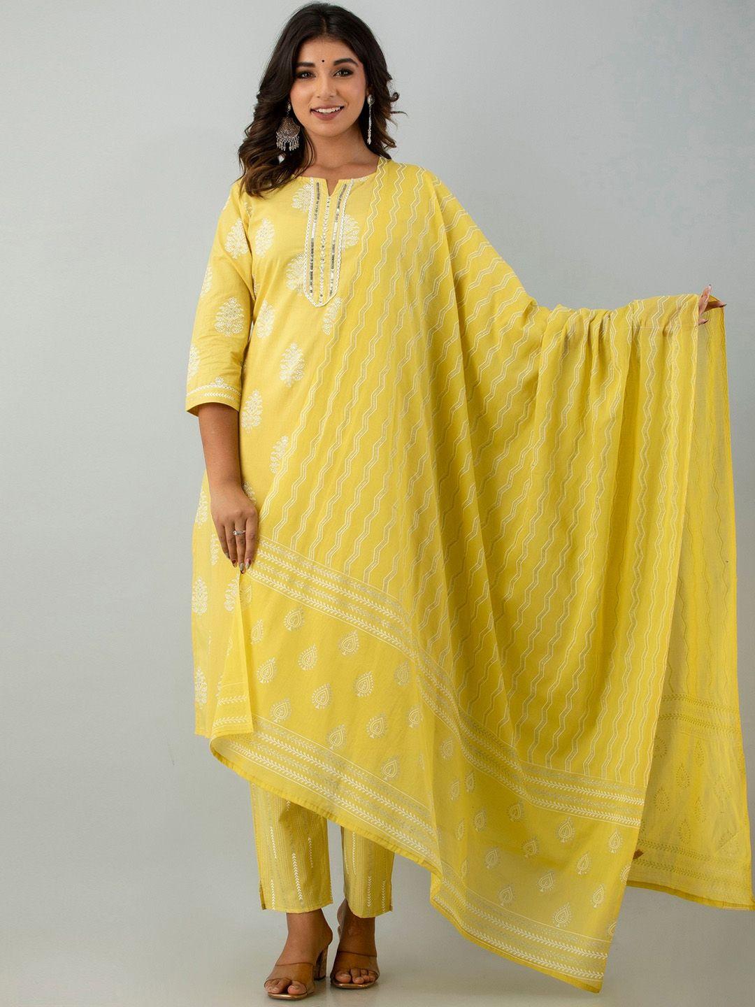kasheeda women yellow ethnic motifs printed regular sequinned pure cotton kurta with trousers & with dupatta