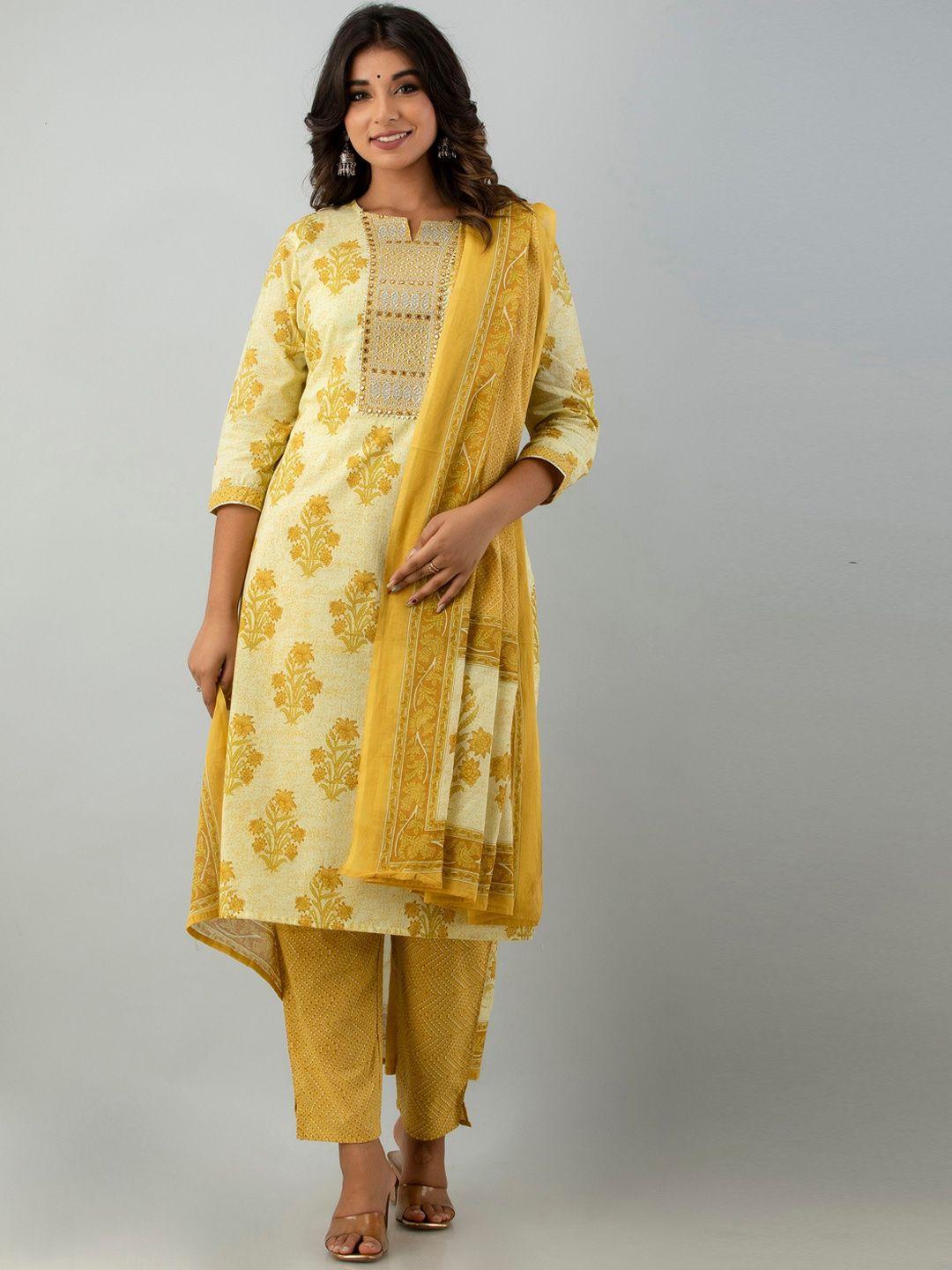 kasheeda women yellow floral printed regular mirror work pure cotton kurta with trousers & with dupatta