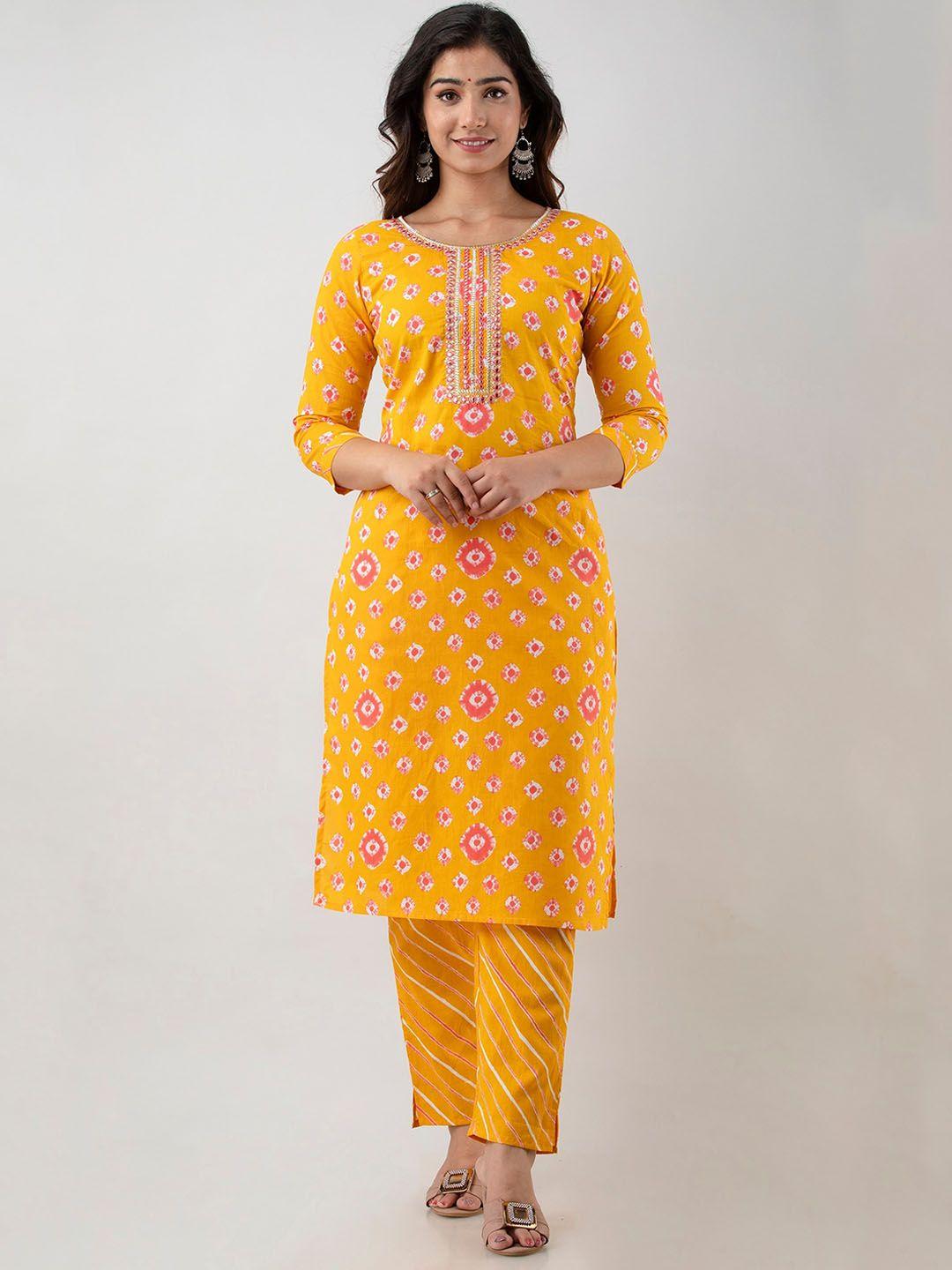 kasheeda women yellow printed regular mirror work pure cotton kurta with trousers & with dupatta