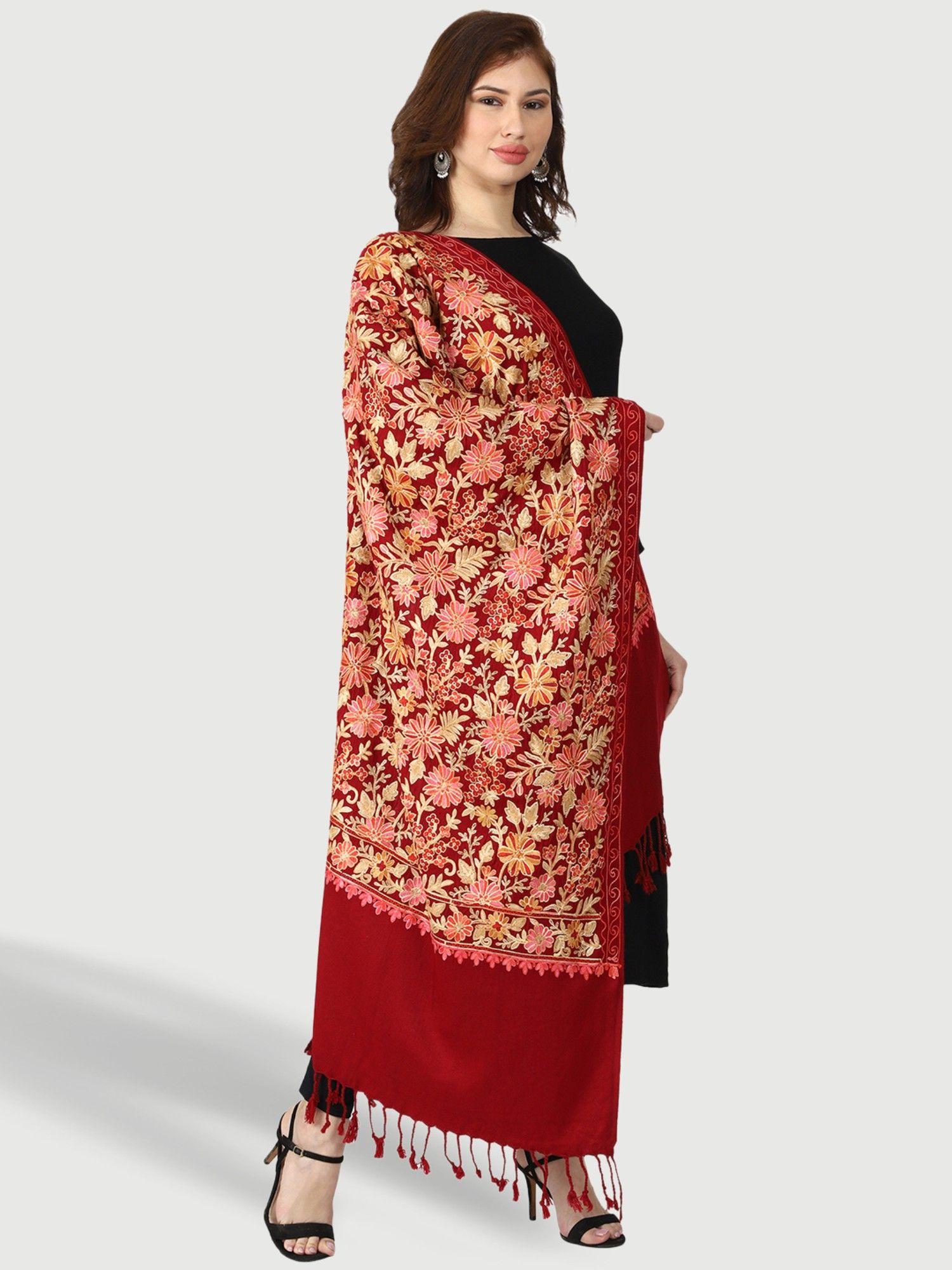 kashmiri embroidered maroon wool shawl